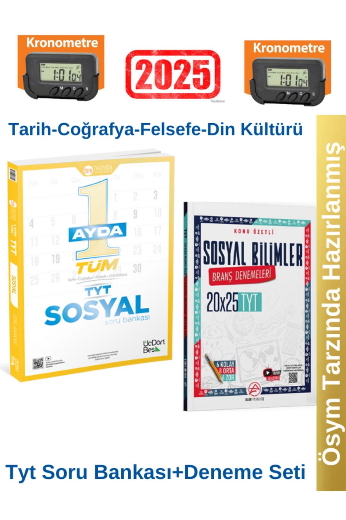 2025 1 Ayda Tüm TYT Sosyal Soru Bankası+Alan TYT Sosyal  20x25 Branş Denemeleri+Kronometre