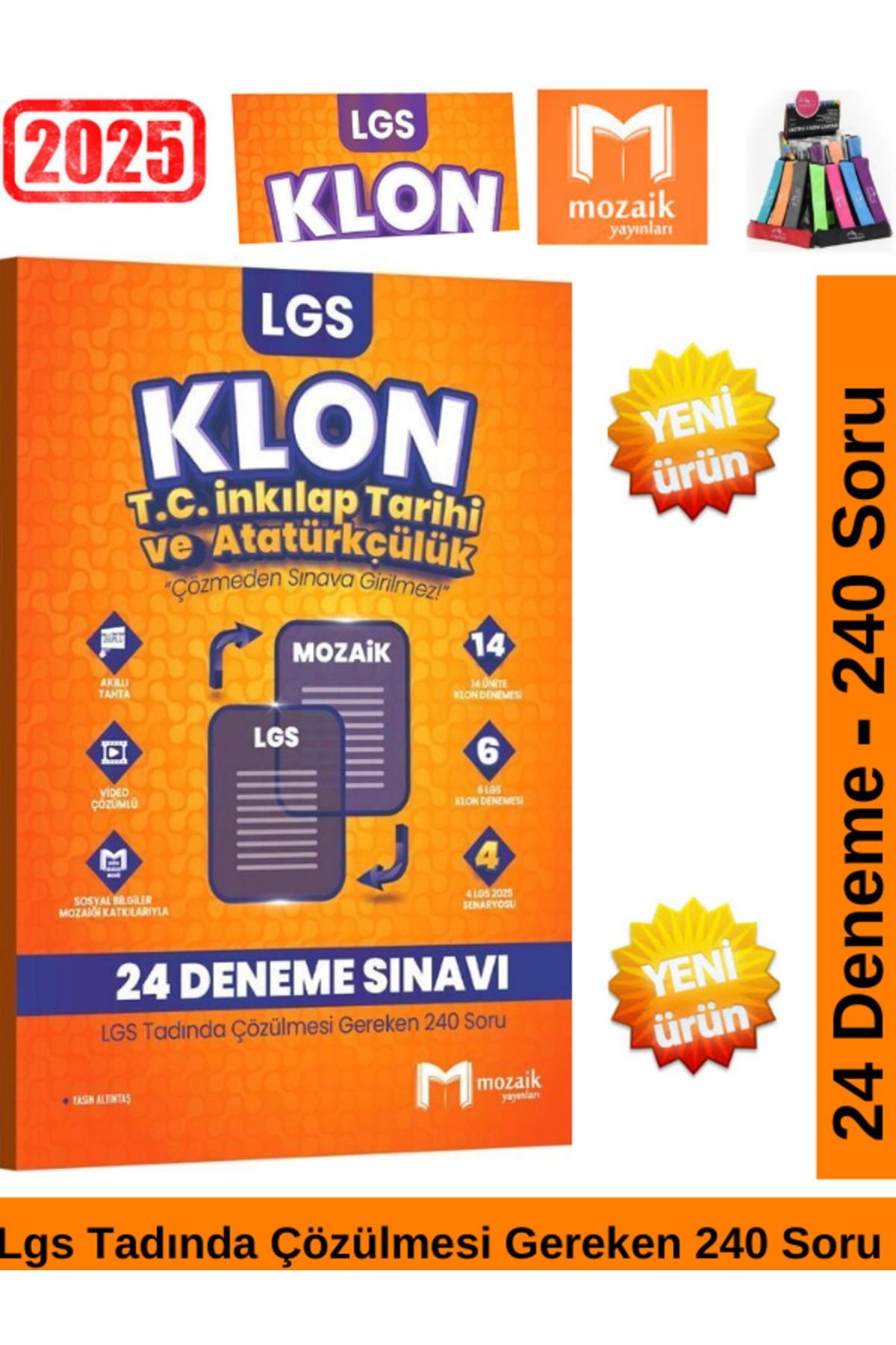 Mozaik 2025 8.Sınıf Klon Lgs Hazılık İnkilap Tarihi 24 Deneme Sınavı 240 Soru Deneme Kitabı+Kalemlik