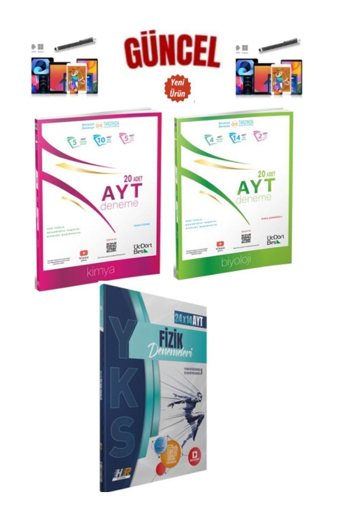 Güncel Ayt Kimya 20 Ayt Biyoloji 20 Deneme+Hız ve Renk AYT Fizik 24 x 14 Deneme Seti+Kalem