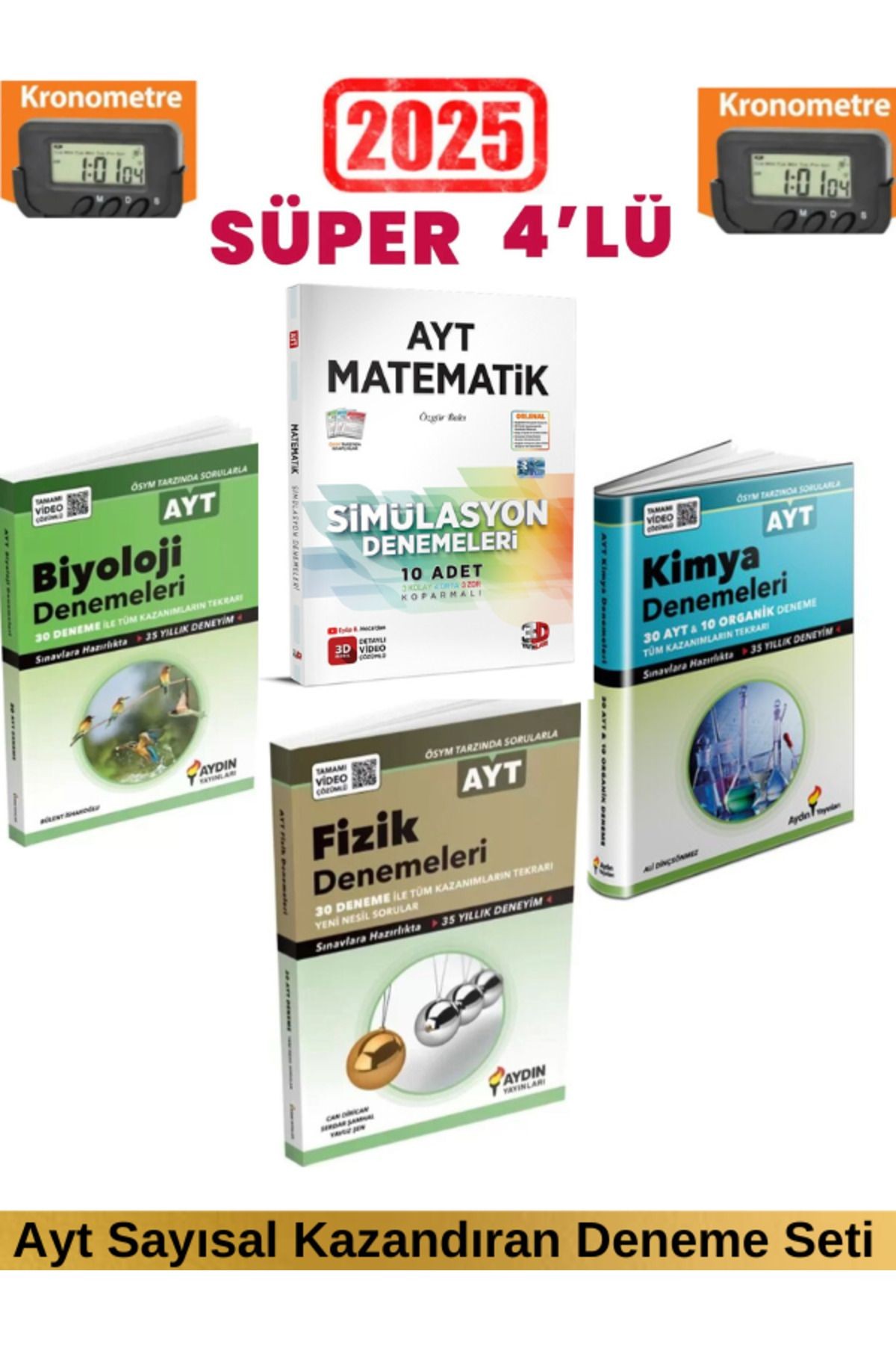 2025 3D Ayt Matematik 10 Deneme+Aydın Ayt Fizik 30+Kimya 40+Biyoloji 30 Deneme+Kronometre