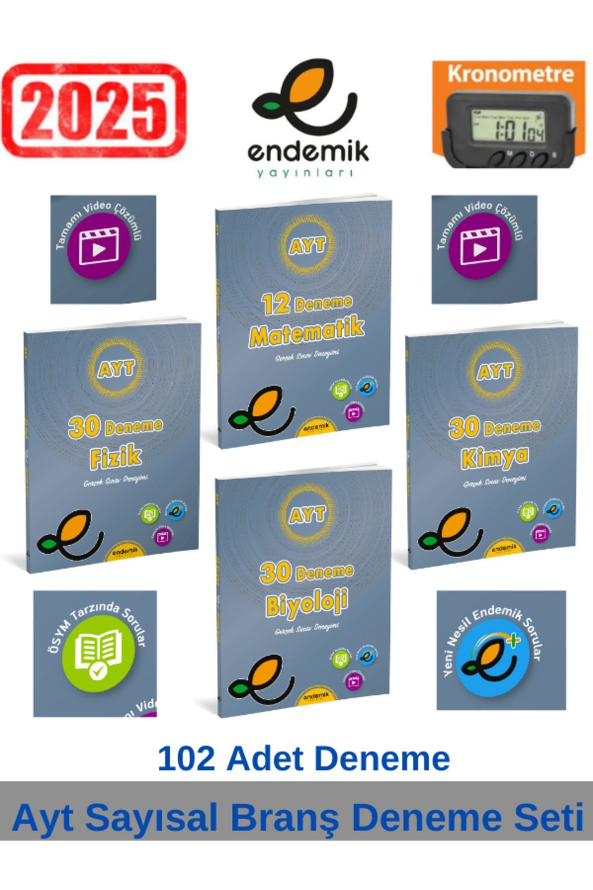 Endemik 2025 Ayt Matematik 12-Fizik 30-Kimya 30-Biyoloji 30 Sayısal Branş Deneme Seti+Kronometre