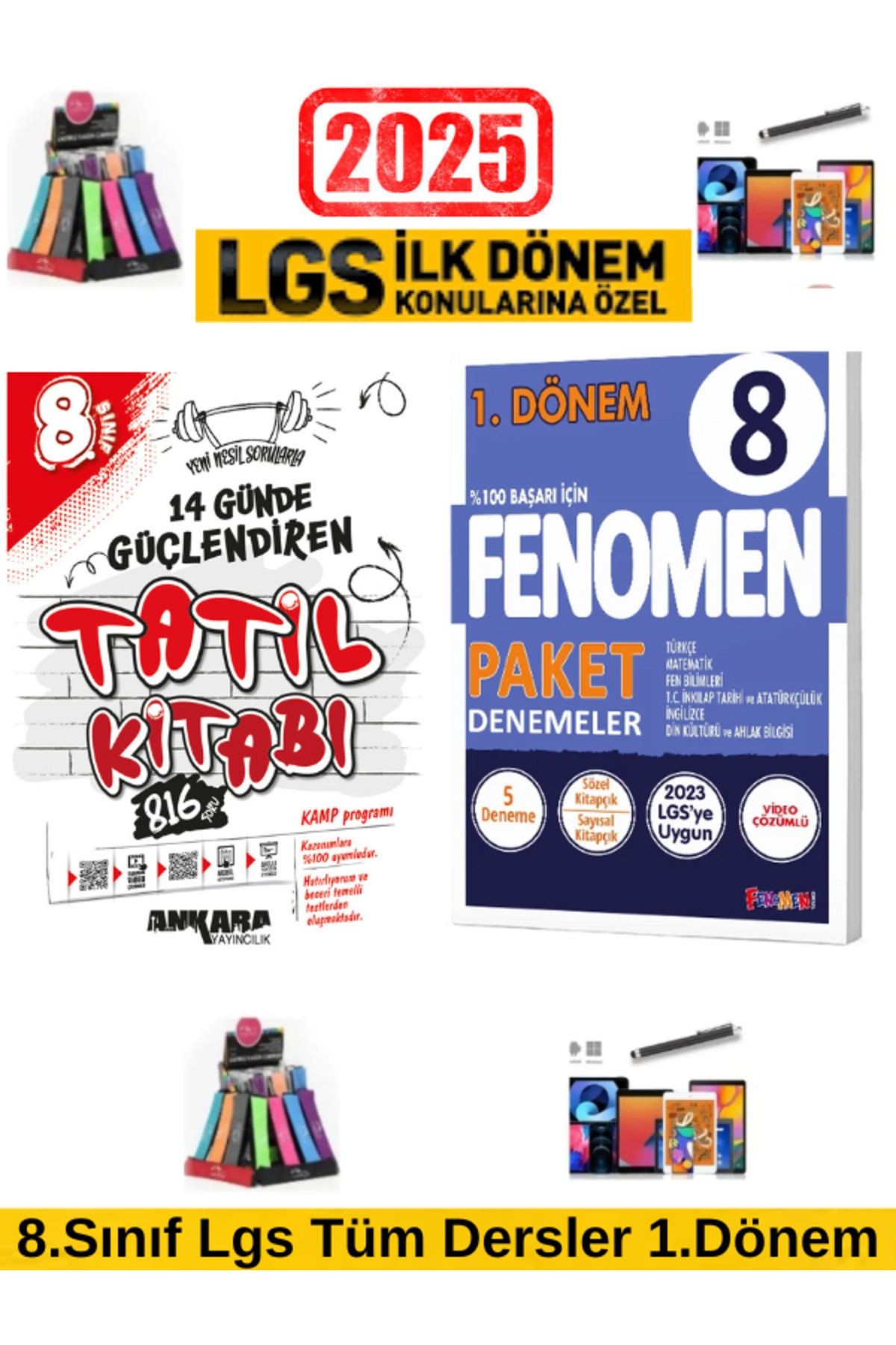 2025 8.Sınıf Lgs 1.Dönem Güçlendiren Tatil Kamp+Fenomen 1.Dönem 8 Adet Paket Deneme+Kalemlik