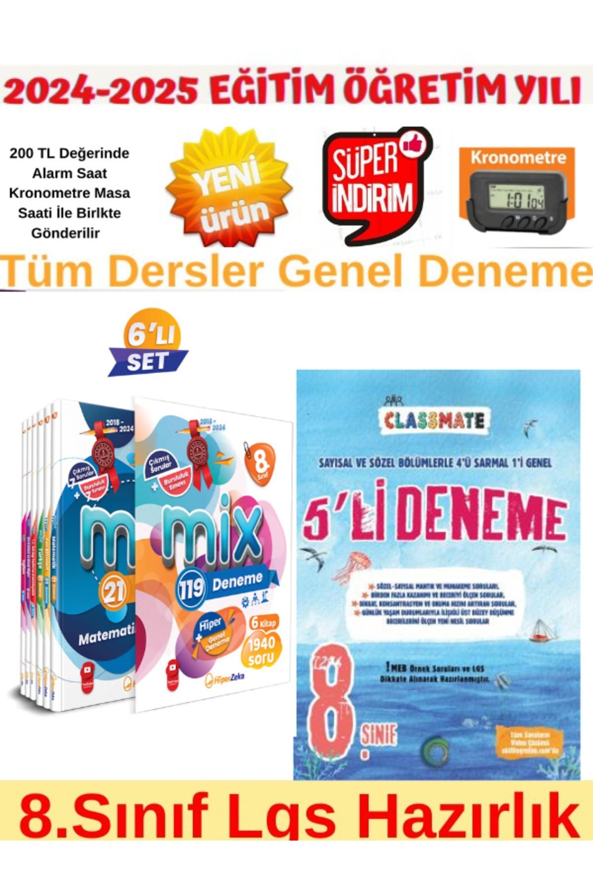 2025 8.Sınıf Mix 119 Deneme+Okyanus 8.Sınıf Lgs Tüm Dersler 5Li Deneme+Kronometre