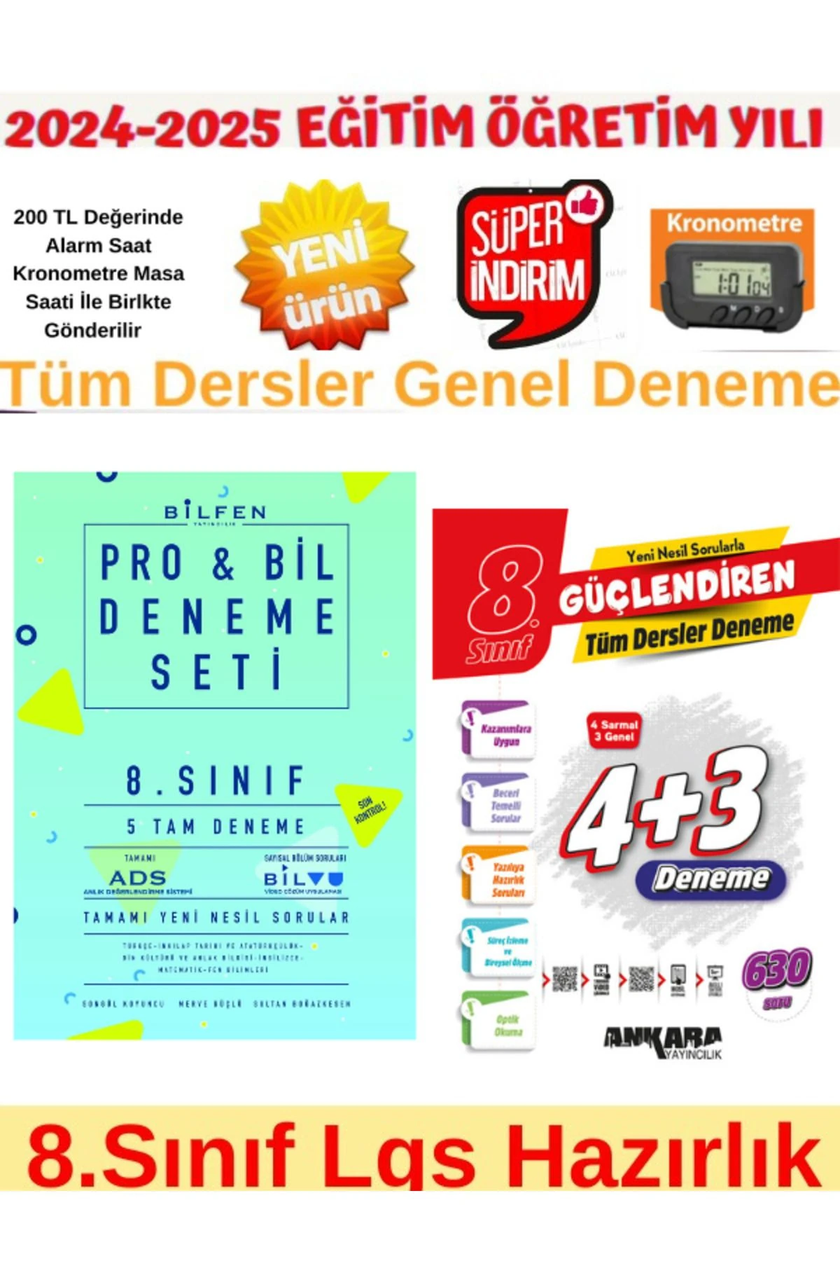 2025 8.Sınıf Lgs Probil 5 li Deneme+Ankara 8.Sınıf Lgs Tüm Ders 4+3 Genel Deneme+Kronometre