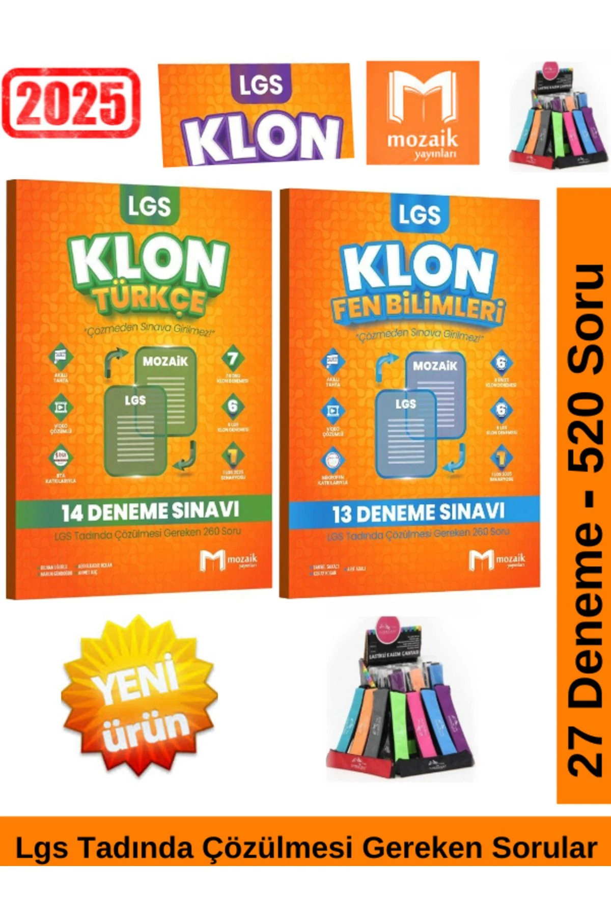 Mozaik 2025 8.Sınıf Klon Lgs Hazılık Türkçe-Fen 27 Deneme 520 Soru Deneme Seti+Kalemlik