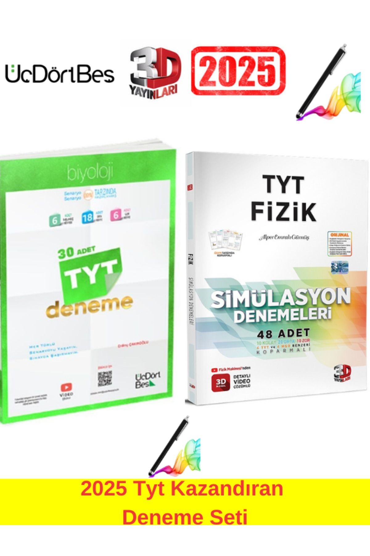 2025 Tyt Biyoloji 30 Deneme+3D Yayınları Tyt Fizik 48 Adet Deneme Seti(78 Deneme)Android Kalem