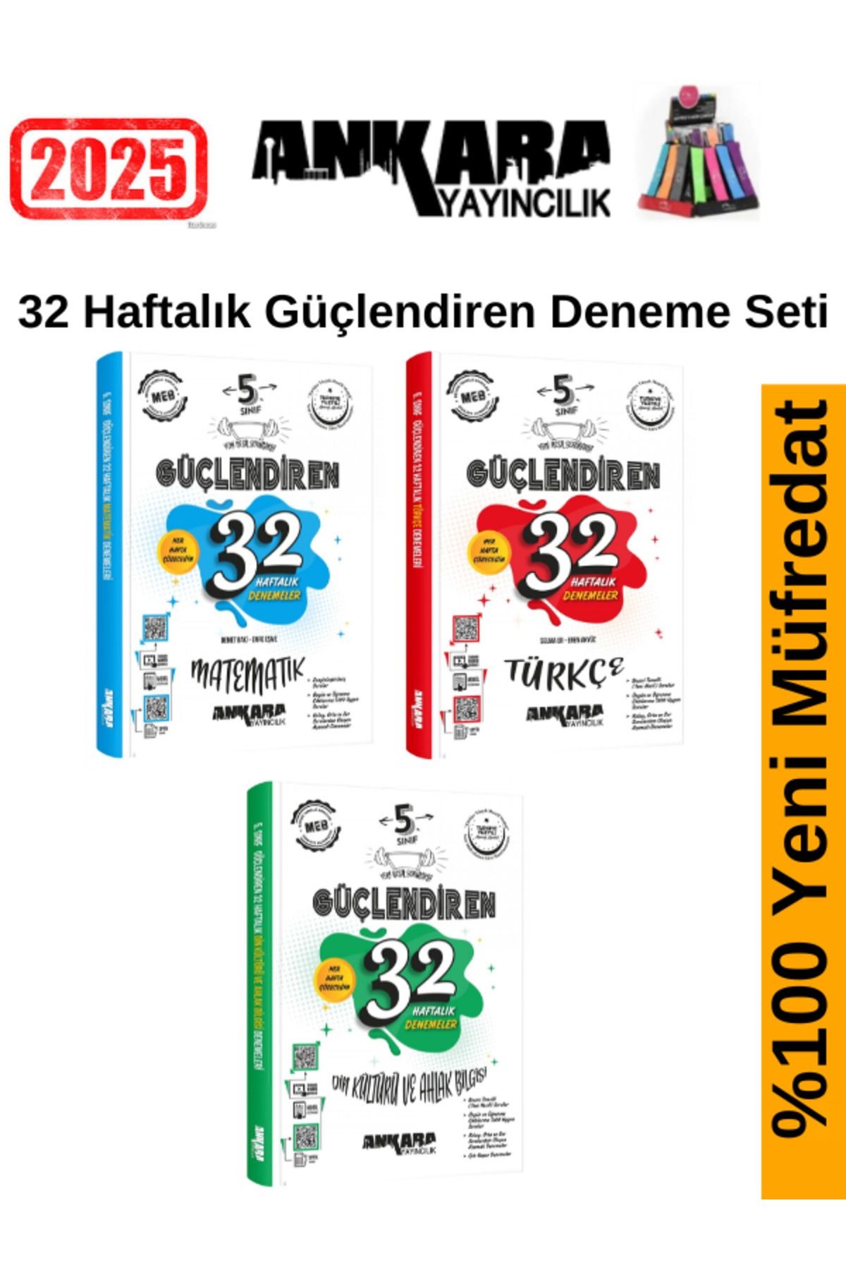 2025 5.Sınıf Güçlendiren Matematik-Türkçe-Din 32 Haftalık Deneme Seti+Kalemlik