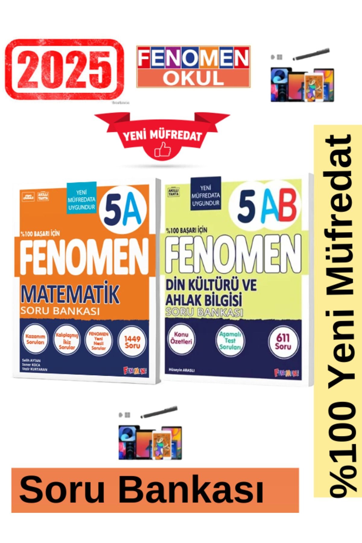 2025 5.Sınıf Matematik(A)Kolay 1449 Soru-Din (A-B)611 Soru Yeni Müfredat Soru Bankası Seti+Kalem