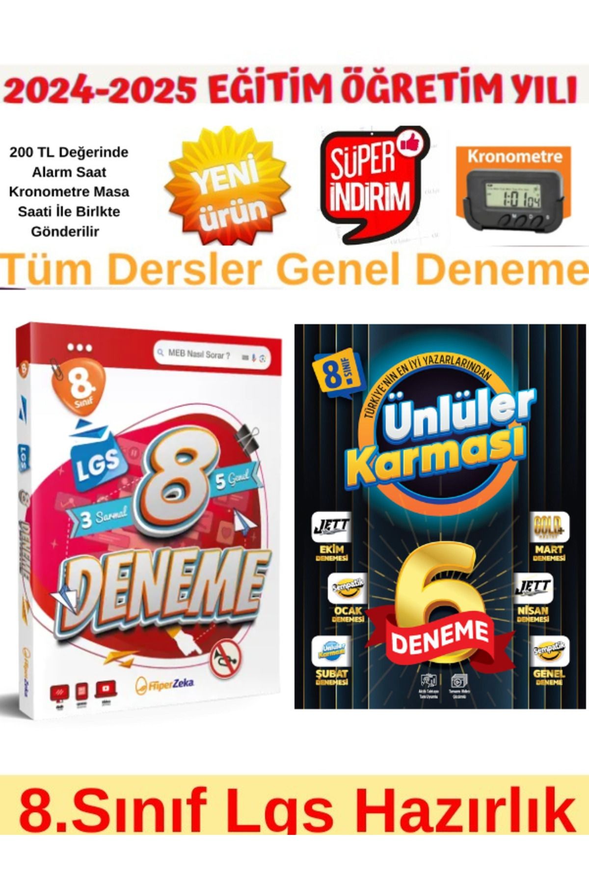 2025 8.Sınıf Lgs Tüm Dersler 3+5 Deneme+Ünlüler 8.Sınıf 6 Farklı Yayın Karma Deneme+Kronometre