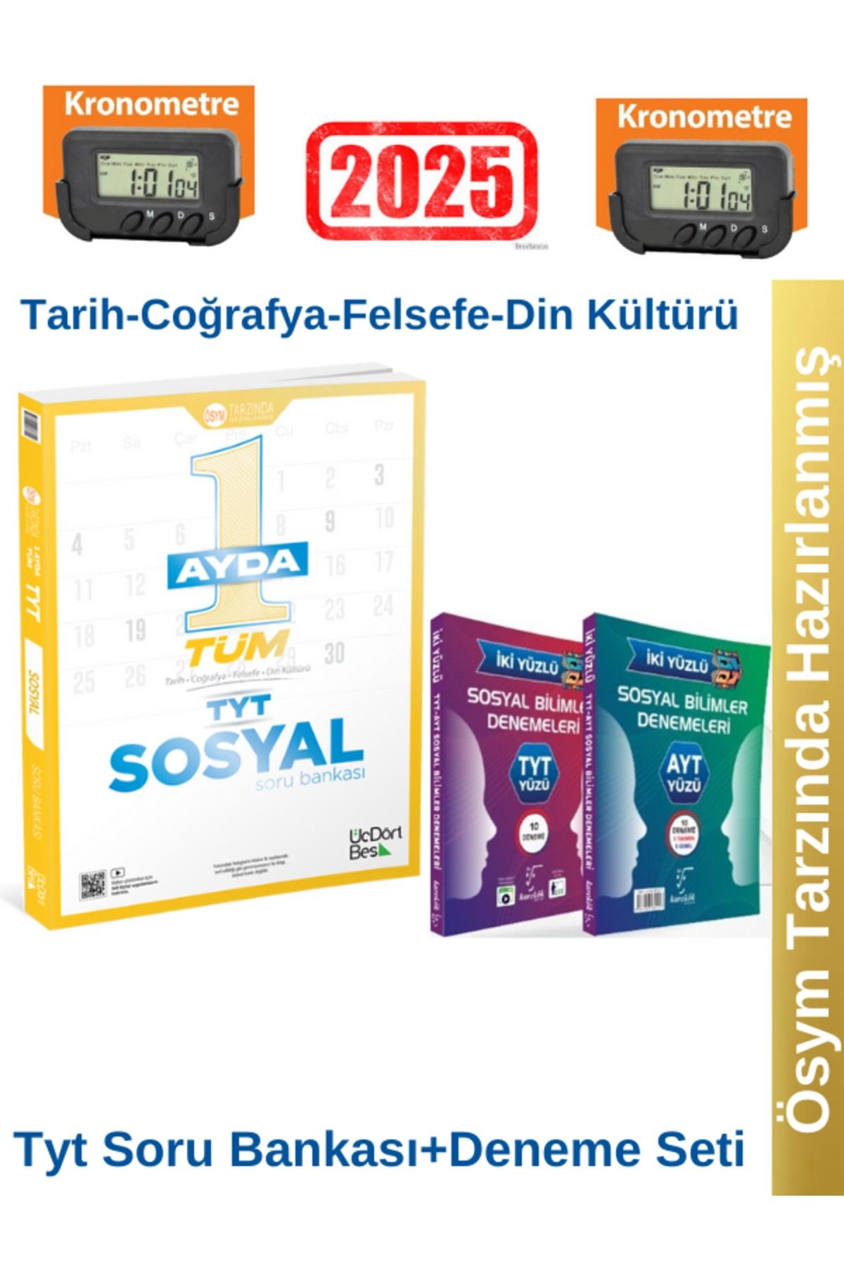 2025 1 Ayda Tüm TYT Sosyal Soru Bankası+Karekök TYT AYT Sosyal Bilimler İki Yüzlü Deneme+Kronometre