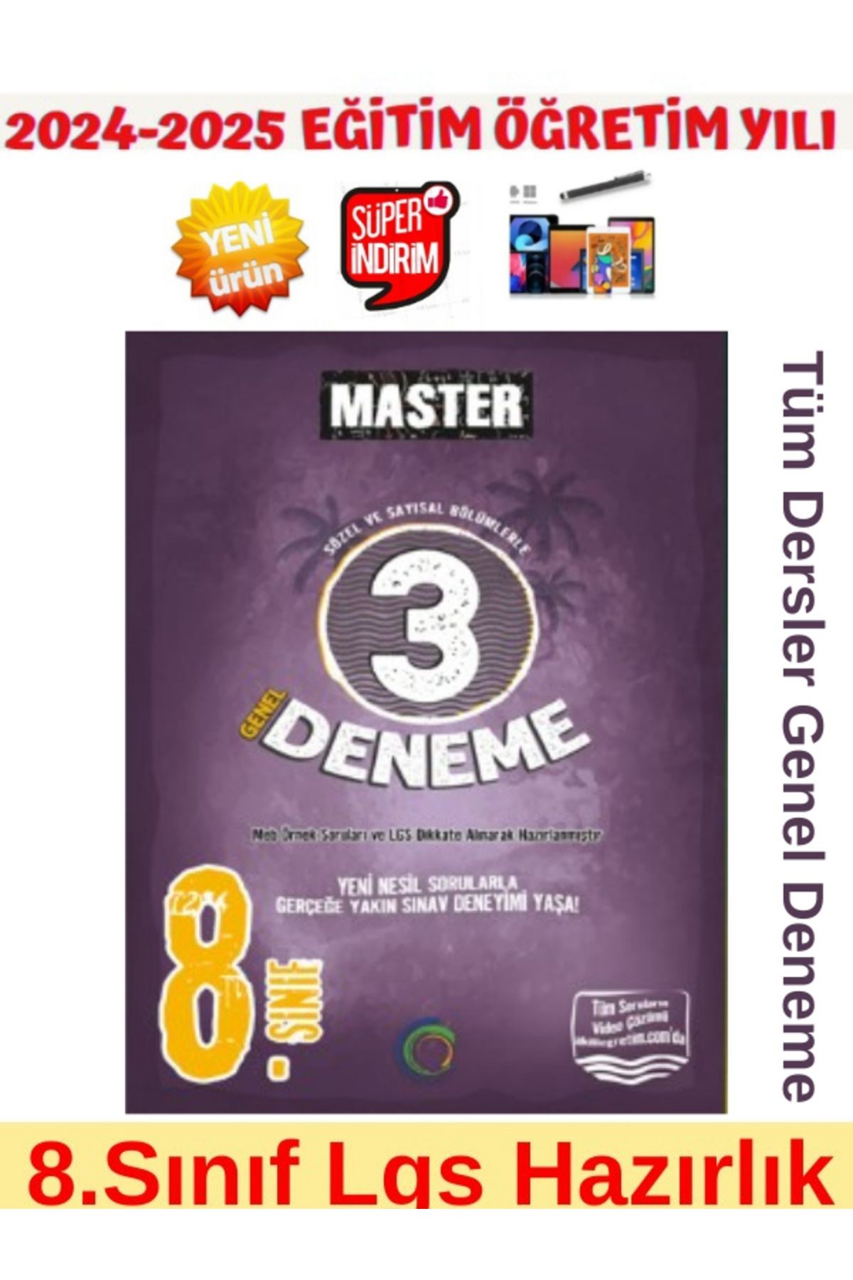 2025 8.Sınıf Master Lgs Hazırlık Tüm Dersler Genel Deneme 3 Adet+Android Kalem