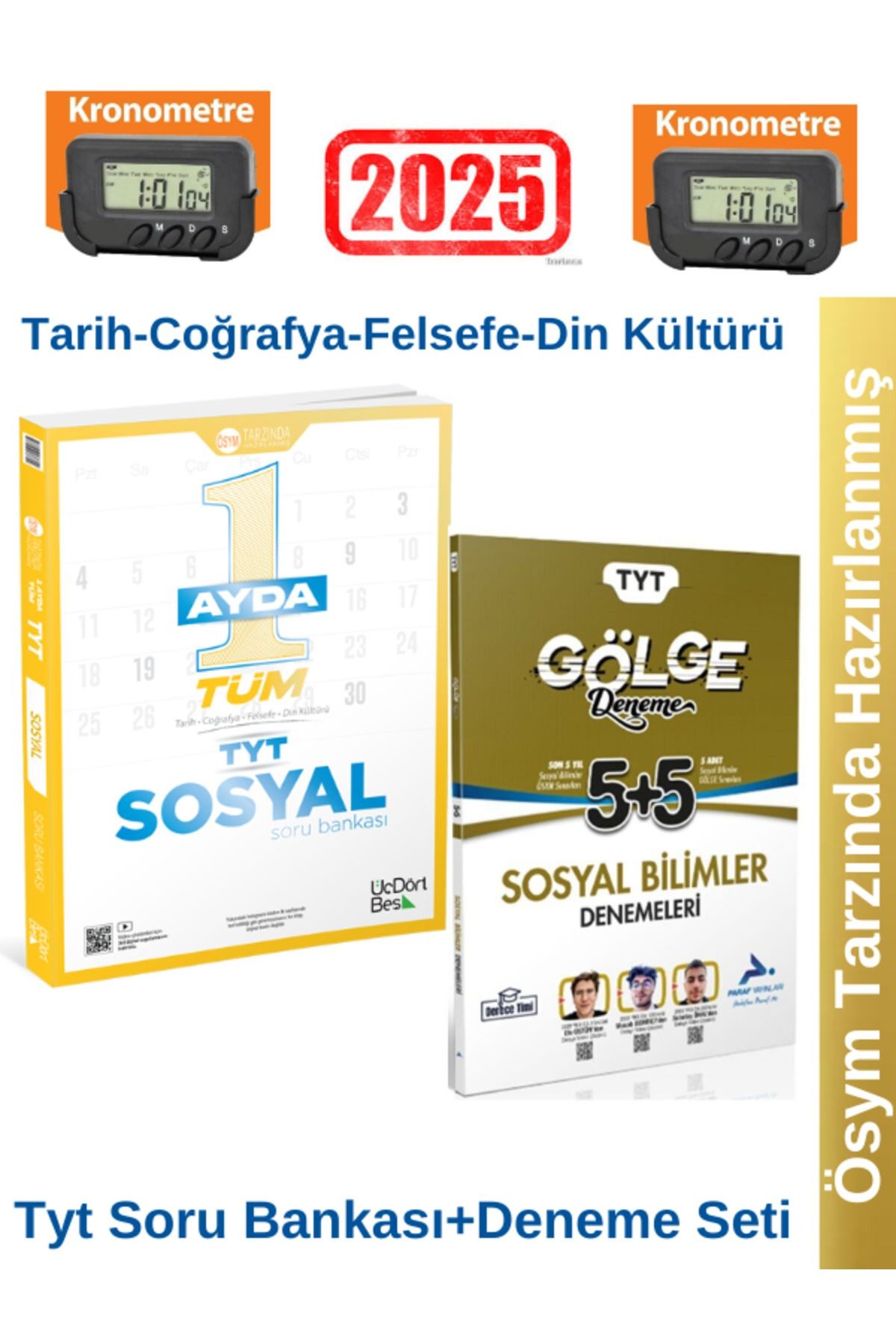 2025 1 Ayda Tüm TYT Sosyal Soru Bankası+Paraf TYT Sosyal Bilimler Gölge Deneme+Kronometre