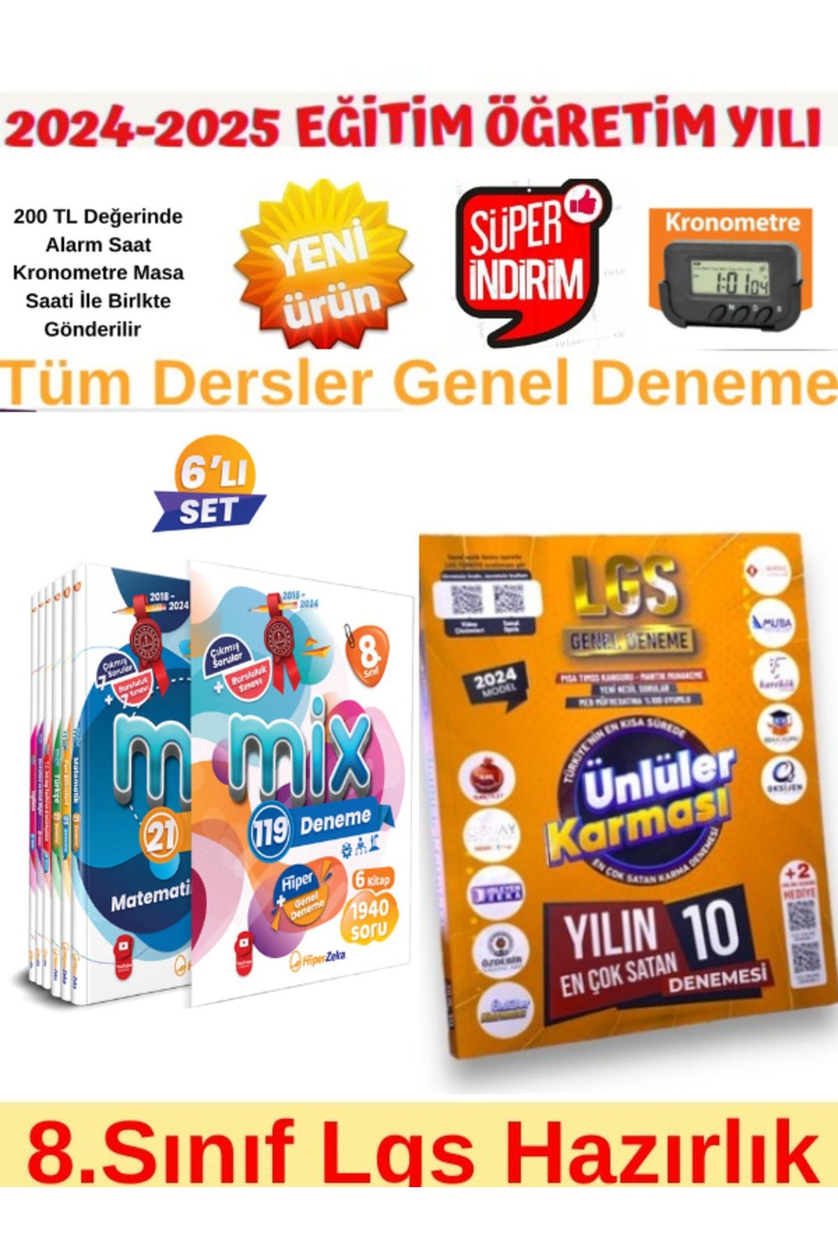 2025 8.Sınıf Mix 119 Deneme+Ünlüler 8.Sınıf 10+5 Farklı Yayın Karma Deneme+Kronometre