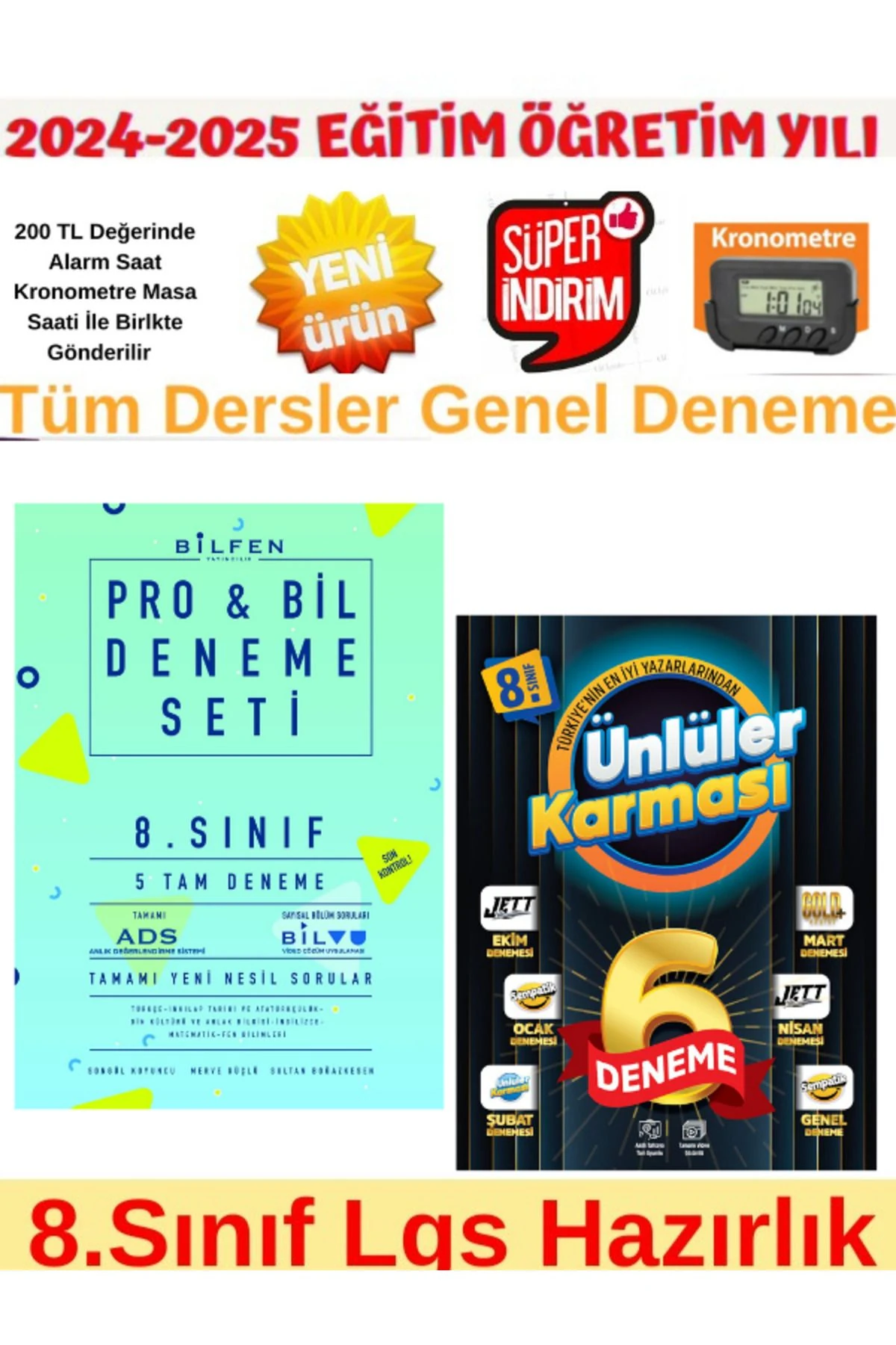 2025 8.Sınıf Lgs Probil 5 li Deneme+Ünlüler 8.Sınıf 6 Farklı Yayın Karma Deneme+Kronometre