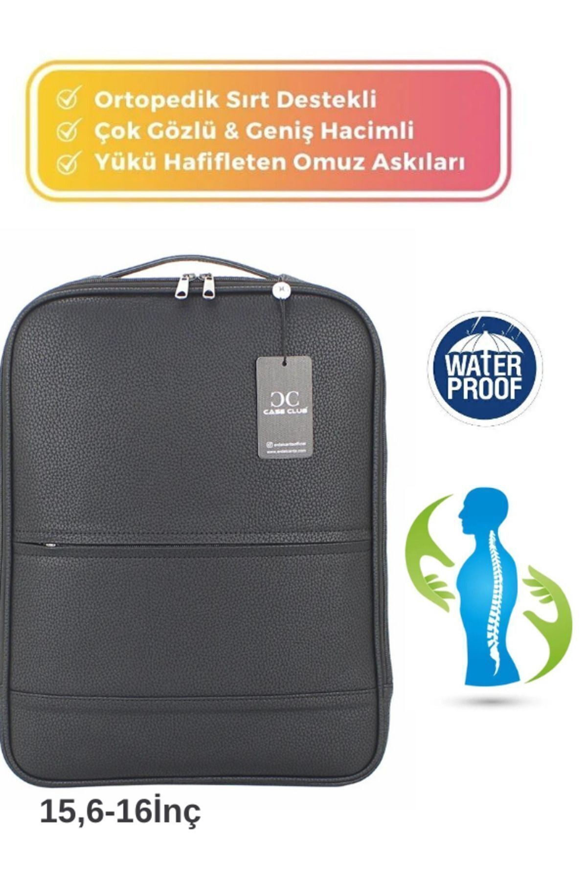 15.6-16 İnç-6 Bölmeli-El-Sırt-Laptop Uyumlu -Suni Deri-Ortapedik Siyah Renk Çanta