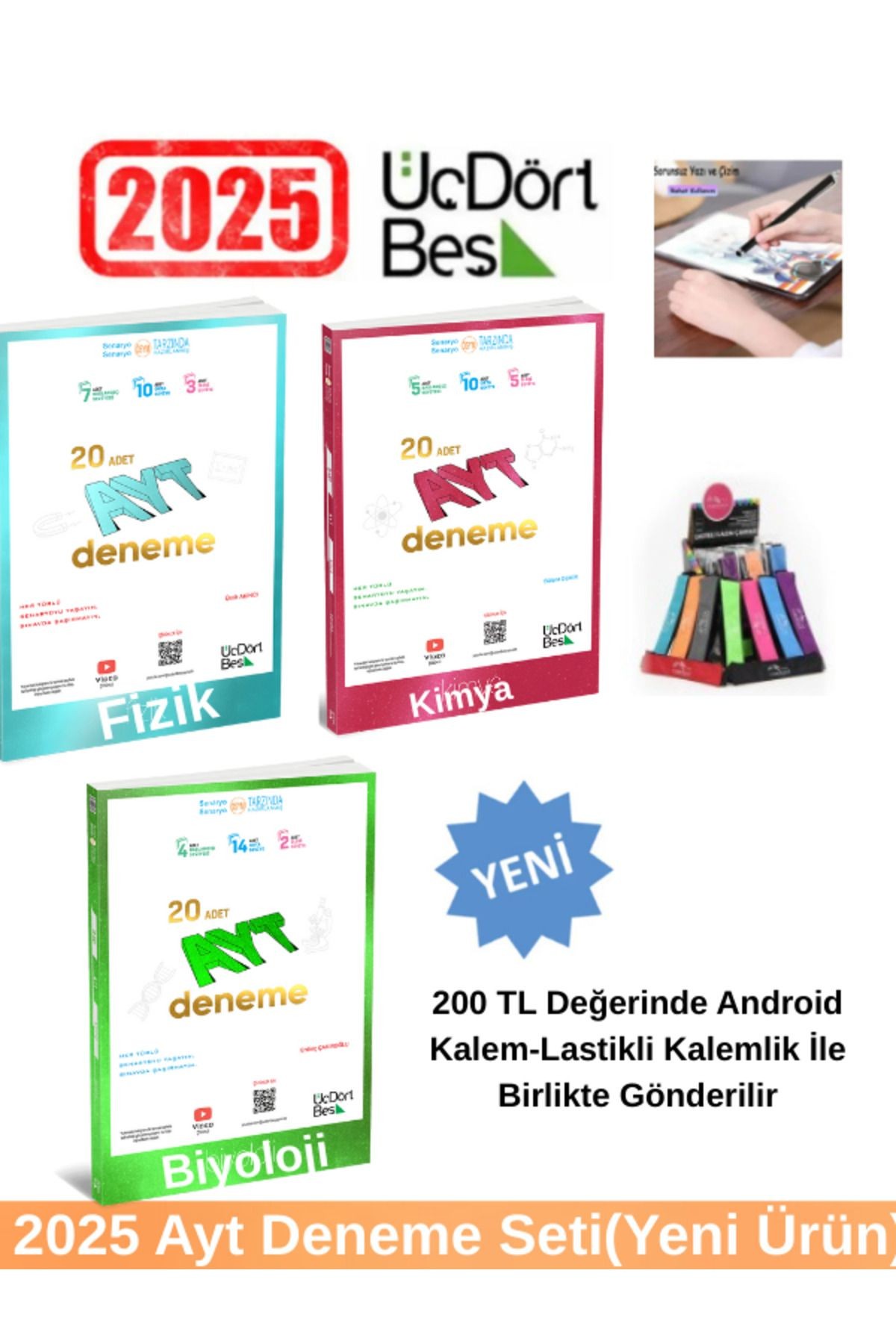 2025 345 Ayt Fizik Kimya Biyoloji Deneme Seti Dokunmatik Kalem Lastikli Kalemlik