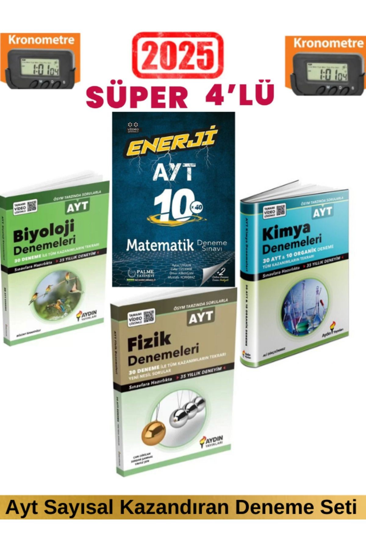 2025 Ayt Enerji Matematik 10 Deneme+Aydın Ayt Fizik 30+Kimya 40+Biyoloji 30 Deneme+Kronometre
