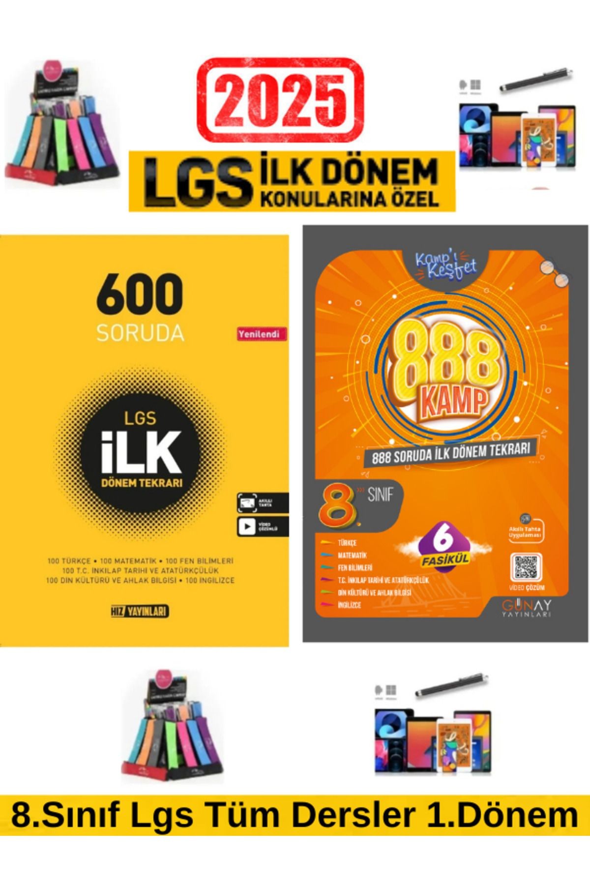 2025 8.Sınıf Lgs 600 Soruda 1.Dönem Tekrar+Günay Lgs 1.Dönem 888 Soru Kamp Kitabı+Kalemlik