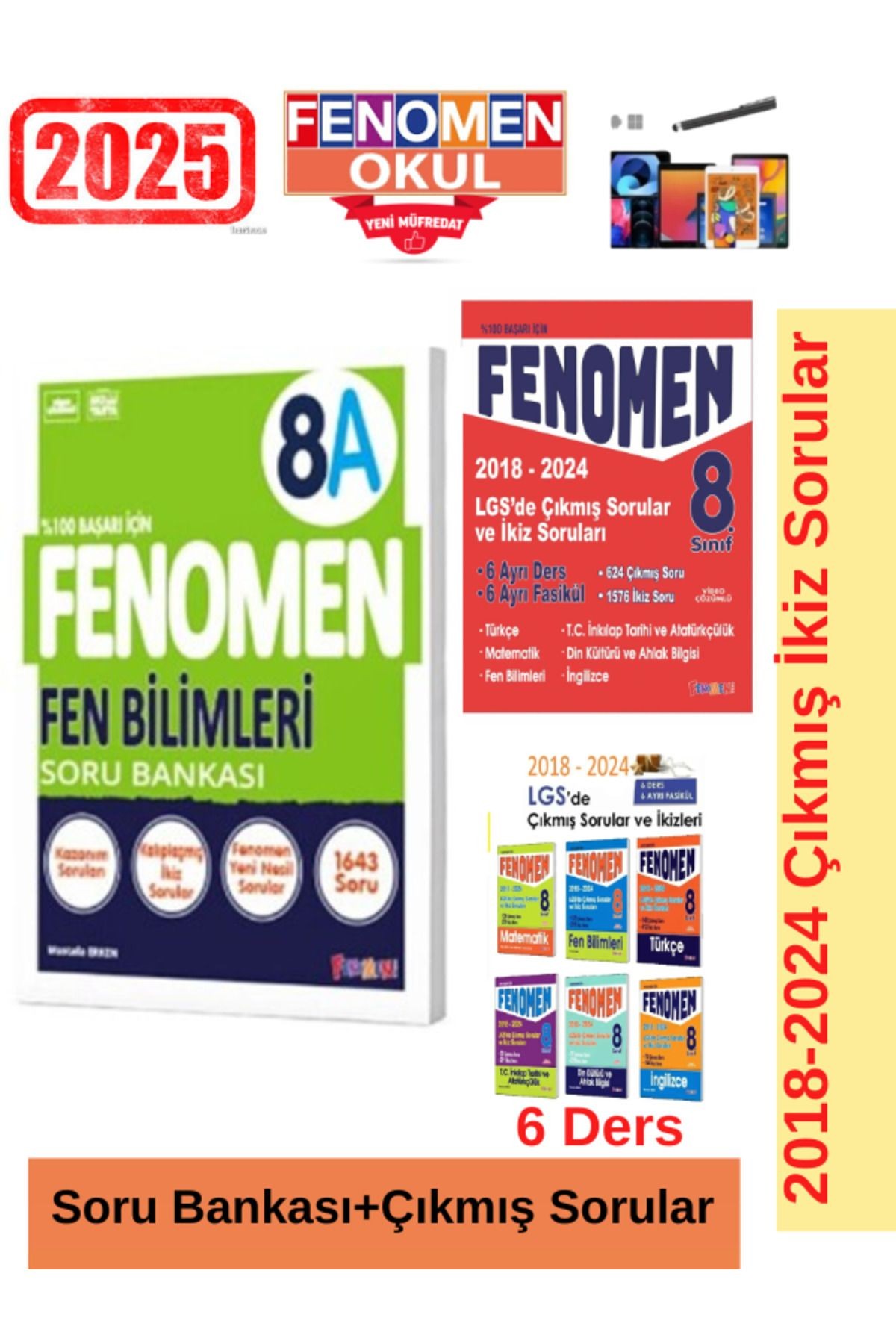 2025 8.Sınıf Fen(A)Kolay 1643 Soru-Soru Bankası+Lgs 2018-2024  Çıkmış İkiz Soru Seti+Kalem