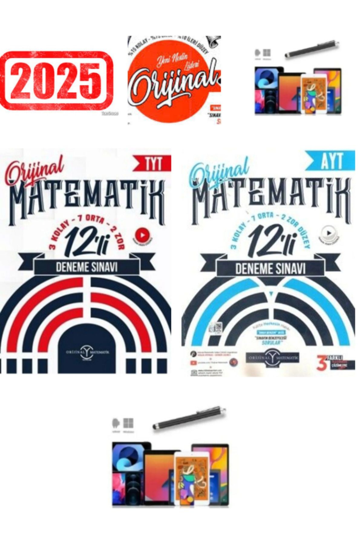 2025 Orijinal Tyt Matematik 12 Deneme+Matematik Ayt 12 Deneme Seti+Dokunmatik Kalem