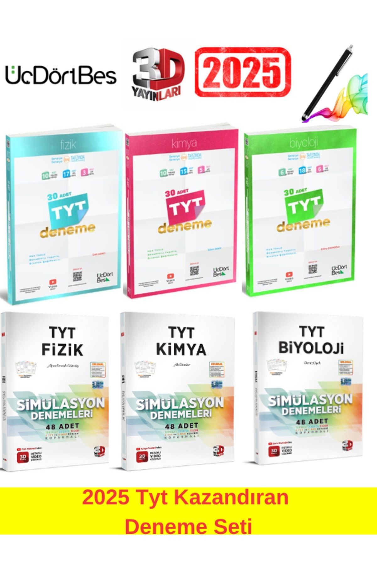 2025 TYT Fizik-Kimya-Biyoloji+3D 2025 Tyt Fizik-Kimya-Biyoloji Deneme Seti(234 Deneme)+Kalem