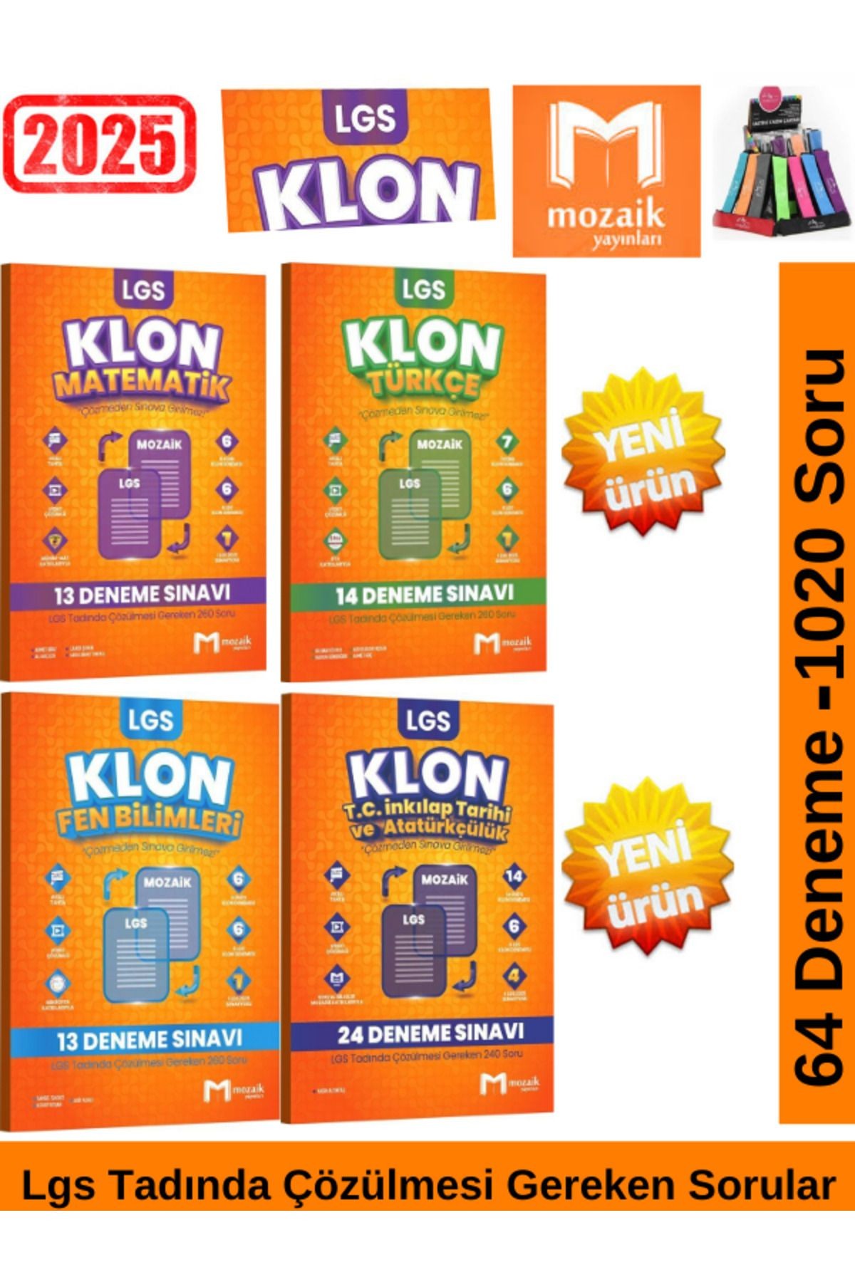 Mozaik 2025 8.Sınıf Klon Lgs Hazılık Mat.-Fen-Türkçe-İnk.Tarihi 64 Deneme 1020 Soru Deneme+Kalemlik