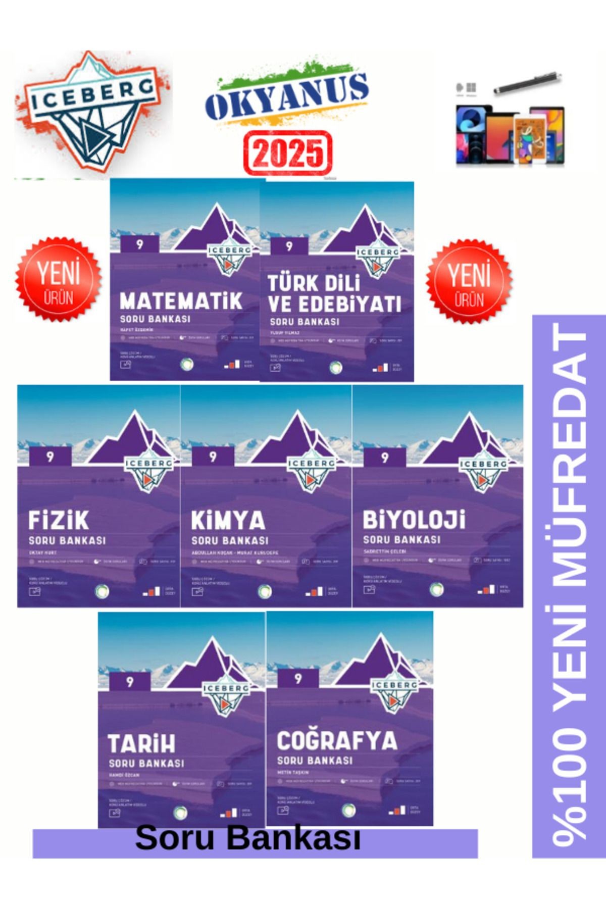 2025 9.Sınıf Iceberg Tüm Dersler M-E-F-K-B-T-C 7 Kitap %100 Yeni Soru Bankası Seti+Kalem