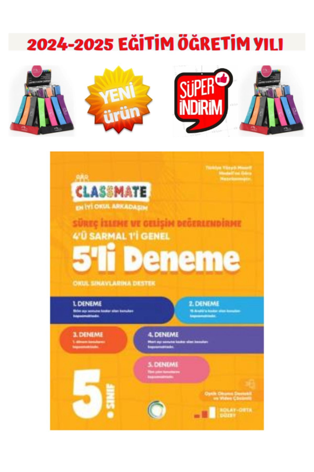 2025 5.Sınıf Clasmate Tüm Dersler 4 Sarmal+1 Genel 5 Adet Deneme+lastikli Kalemlik