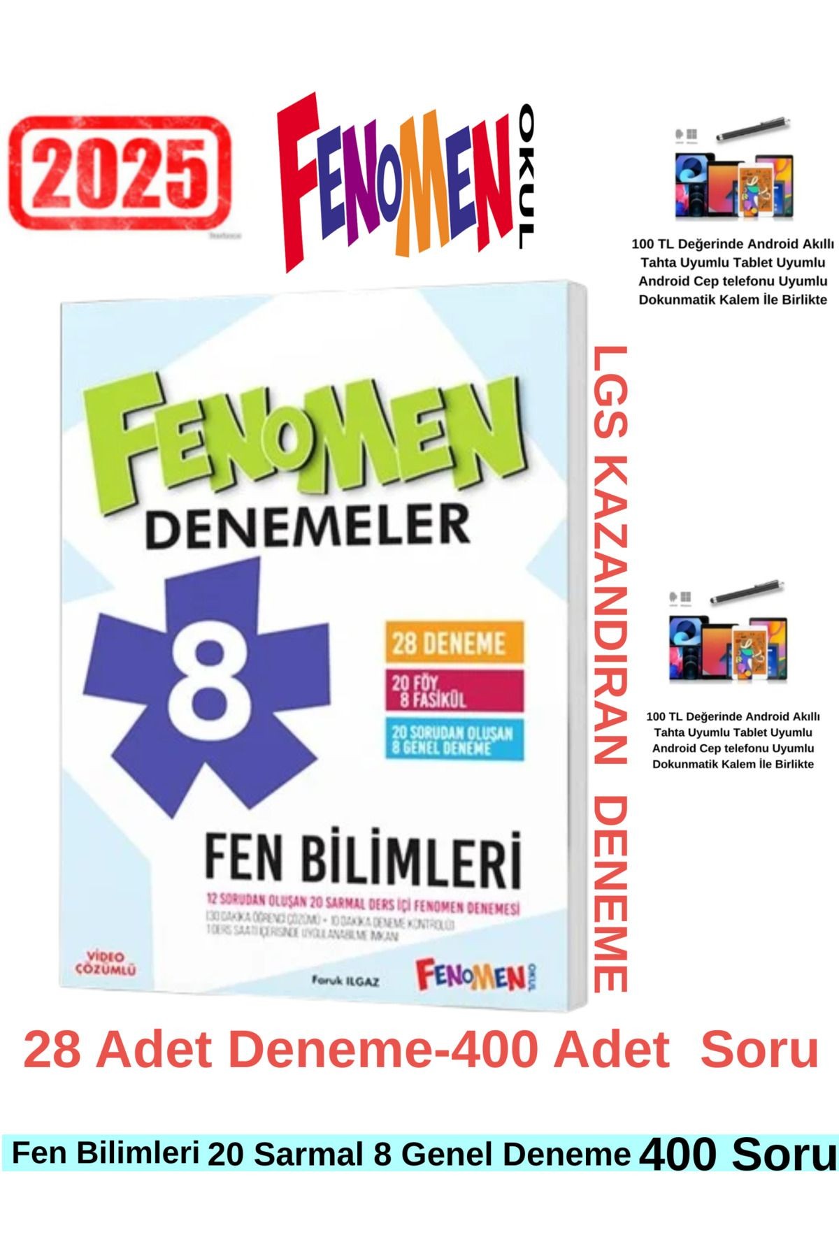 2025 8. Sınıf Lgs Hazırlık Fen 20 Sarmal-8 Genel Deneme 28 Adet Deneme+Android Kalem