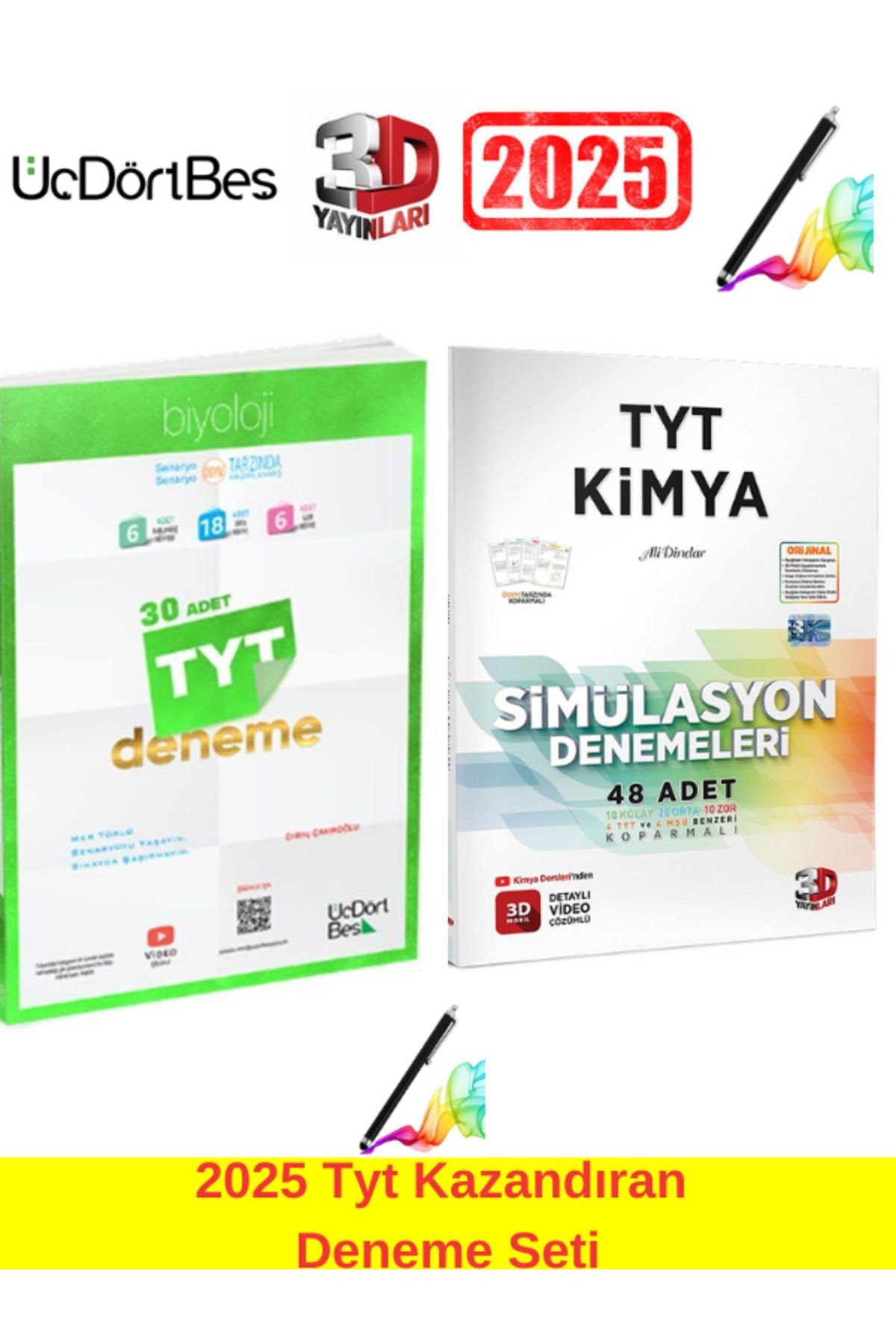 2025 Tyt Biyoloji 30 Deneme+3D Yayınları Tyt Kimya 48 Adet Deneme Seti(78 Deneme)Android Kalem