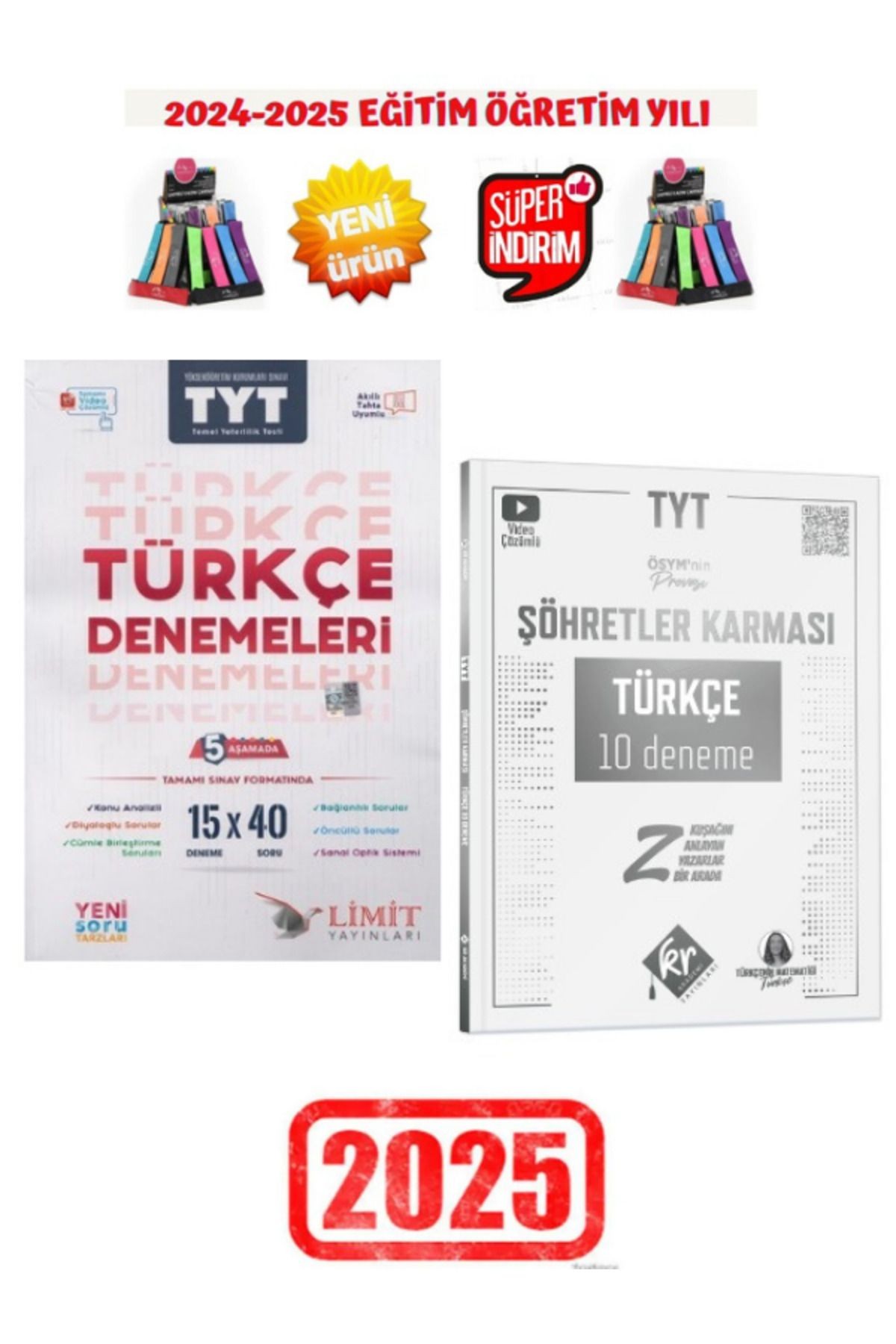 Limit 2025 Tyt Türkçe 15x40 Deneme+Söhretler 2025 Tyt Türkçe 10 Deneme Seti+Kalemlik