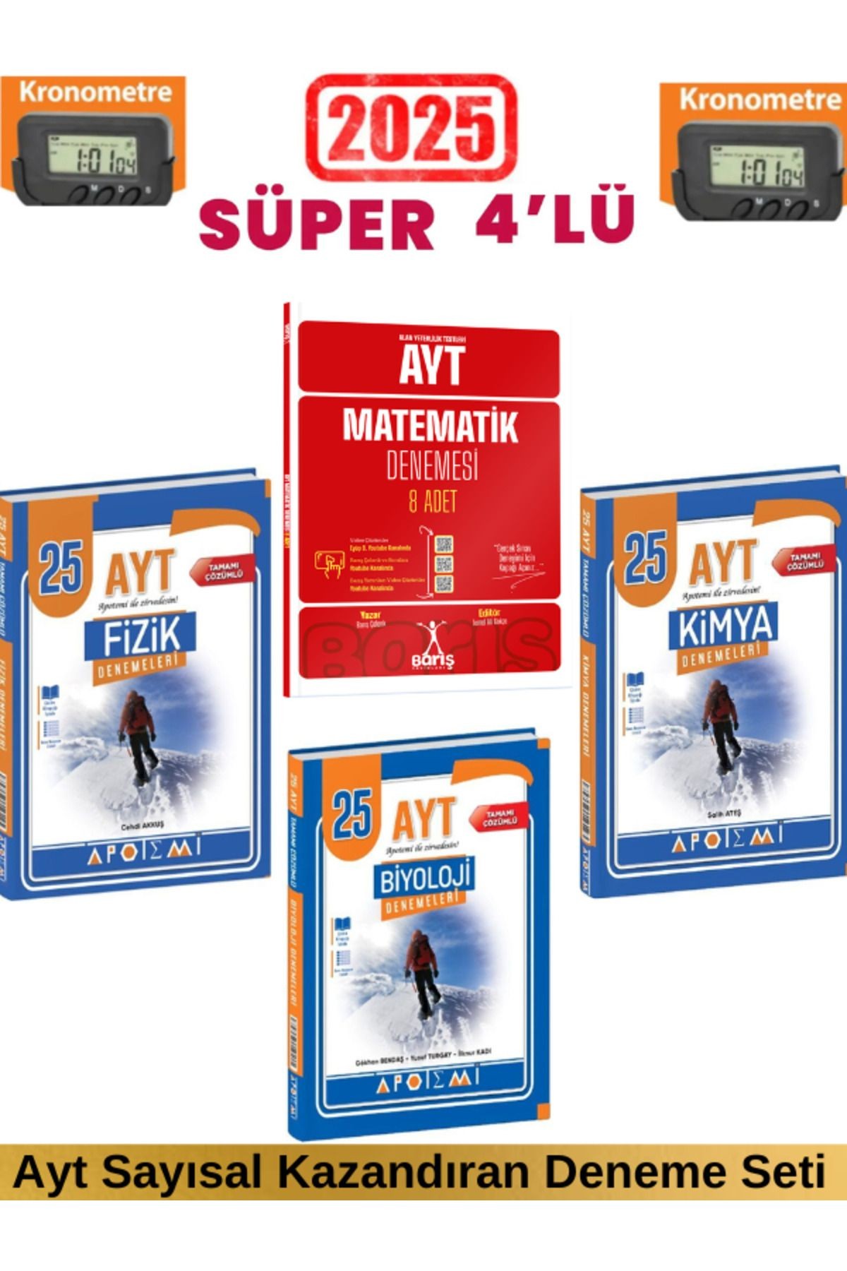 2025 Barış Ayt Matematik 8 Deneme+Apotemi Ayt Fizik 25+Kimya 25+Biyoloji 25 Deneme Seti+Kronometre