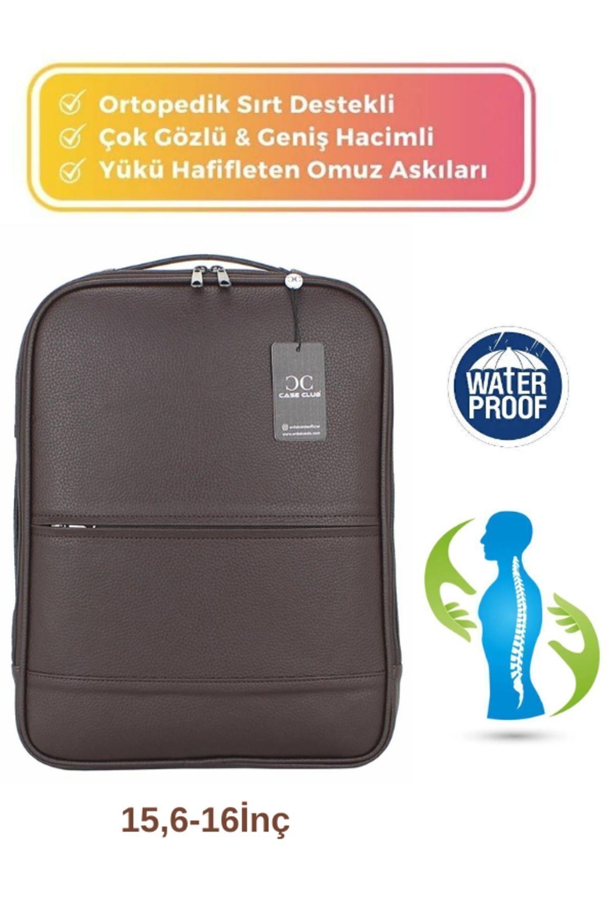 15.6-16 İnç-6 Bölmeli-El-Sırt-Laptop Uyumlu -Suni Deri-Ortapedik Kahverengi Renk Çanta