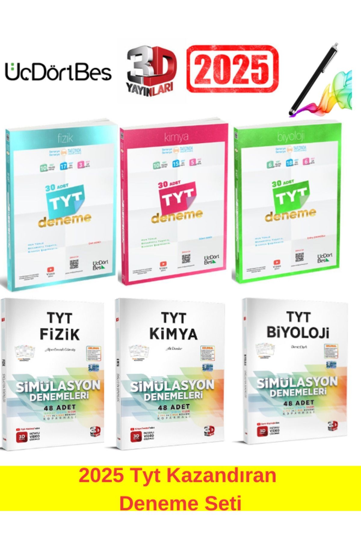 3d 2025 TYT Fizik-Kimya-Biyoloji+345 2025 Tyt Fizik-Kimya-Biyoloji Deneme Seti (234 Deneme)+Kalem