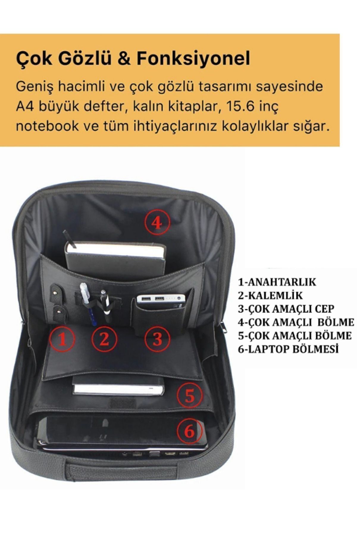 15.6-16 İnç-6 Bölmeli-El-Sırt-Laptop Uyumlu -Suni Deri-Ortapedik Siyah Renk Çanta