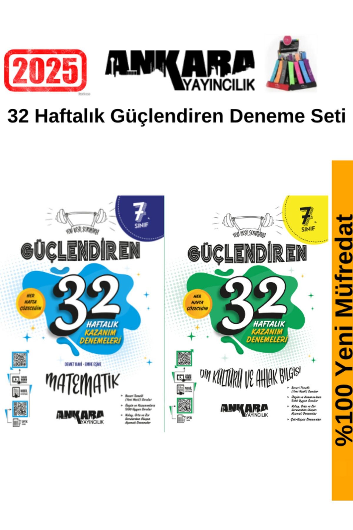 Güncel 2025 7.Sınıf Güçlendiren Matematik-Din 32 Hafta Deneme Seti+Kalemlik