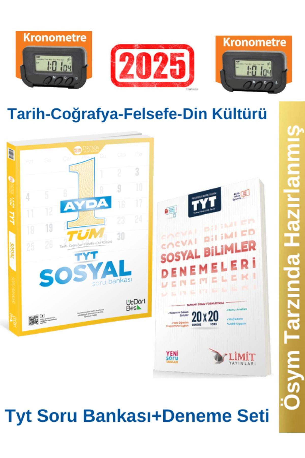 2025 1 Ayda Tüm TYT Sosyal Soru Bankası+Limit TYT Sosyal Bilimler 20x20 Deneme+Kronometre
