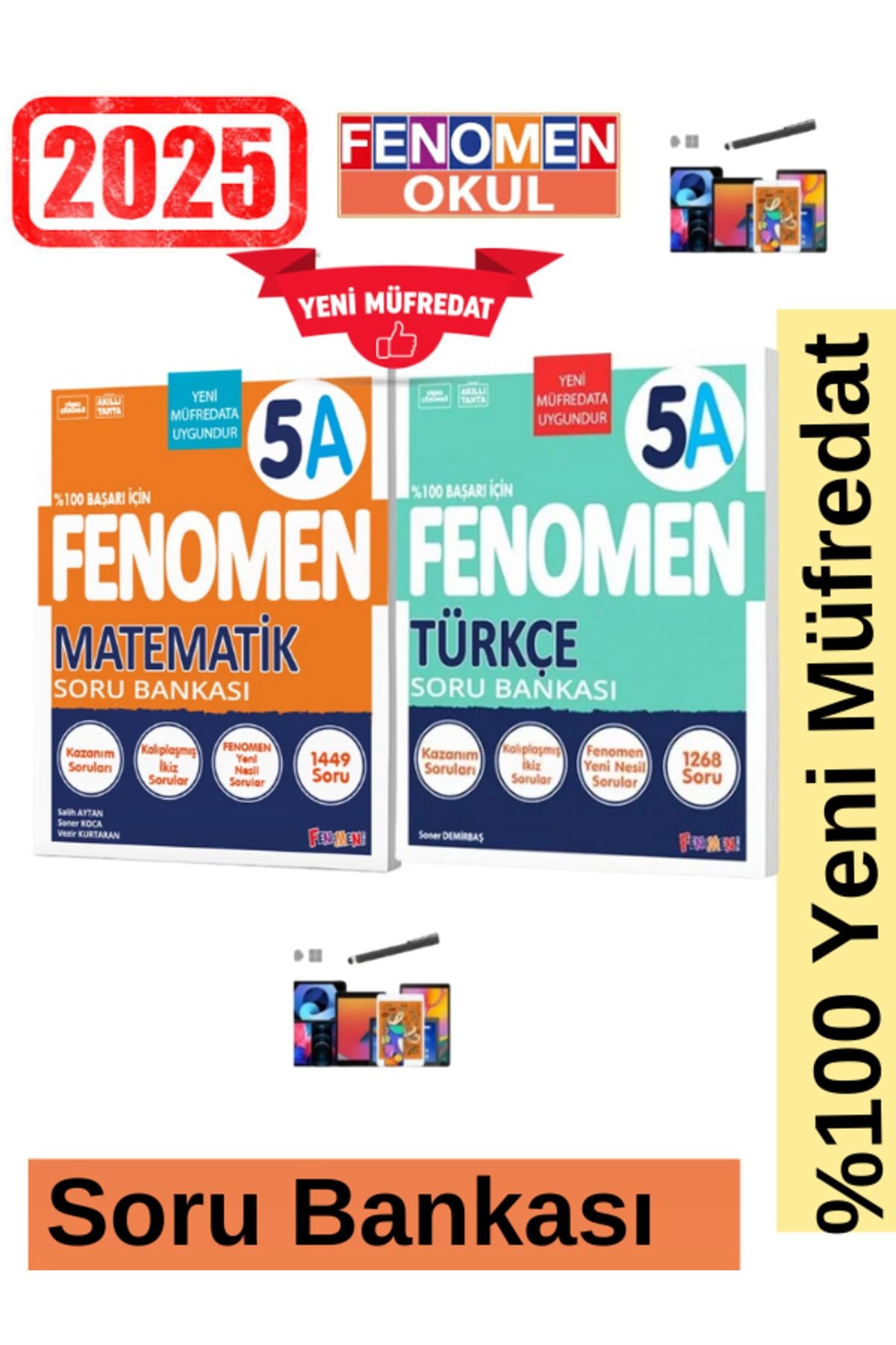 2025 5.Sınıf Matematik(A)1449 Soru-Türkçe(A)Kolay 1268 Soru Yeni Müfredat Soru Bankası Seti+Kalem