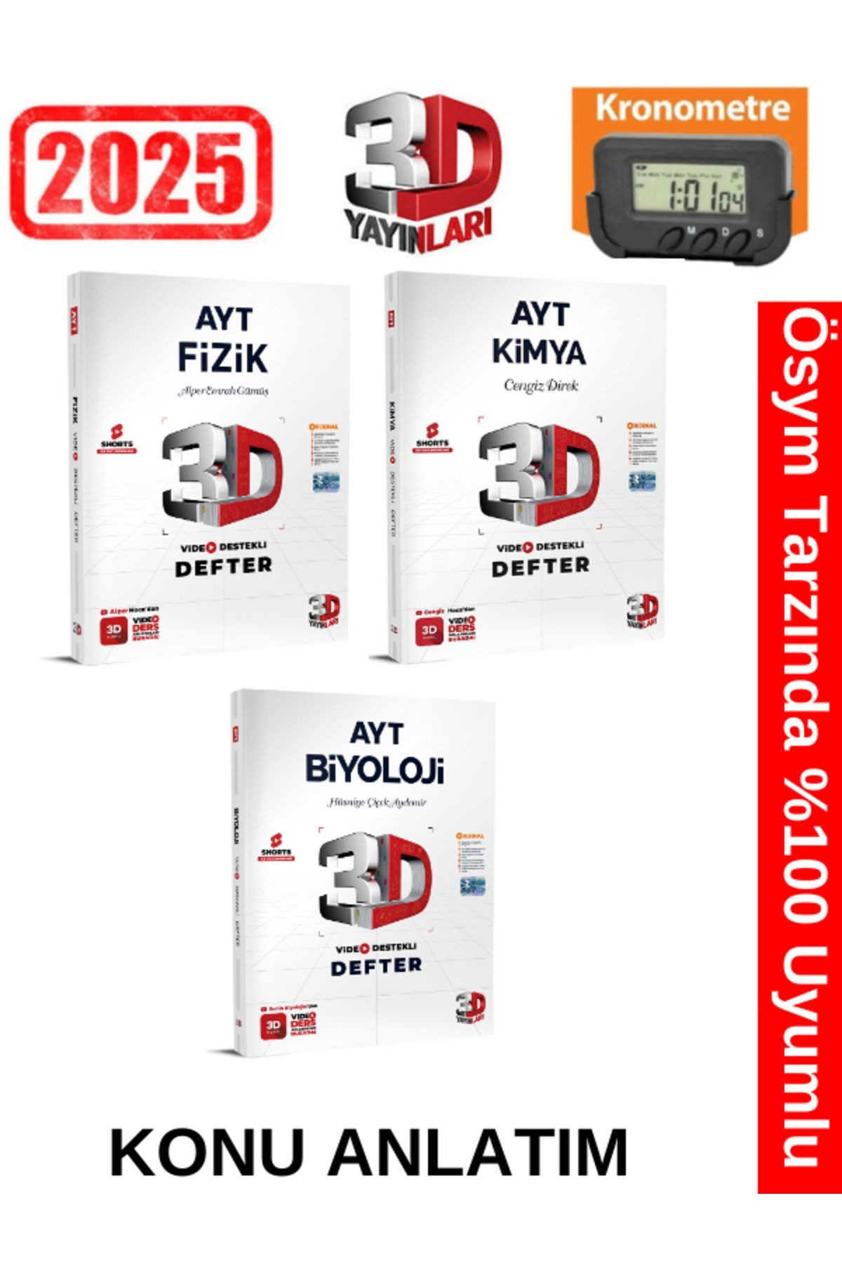 3D Yayınları 2025 Ayt Fizik-Kimya-Biyoloji Video Destekli Defter+Kronometre