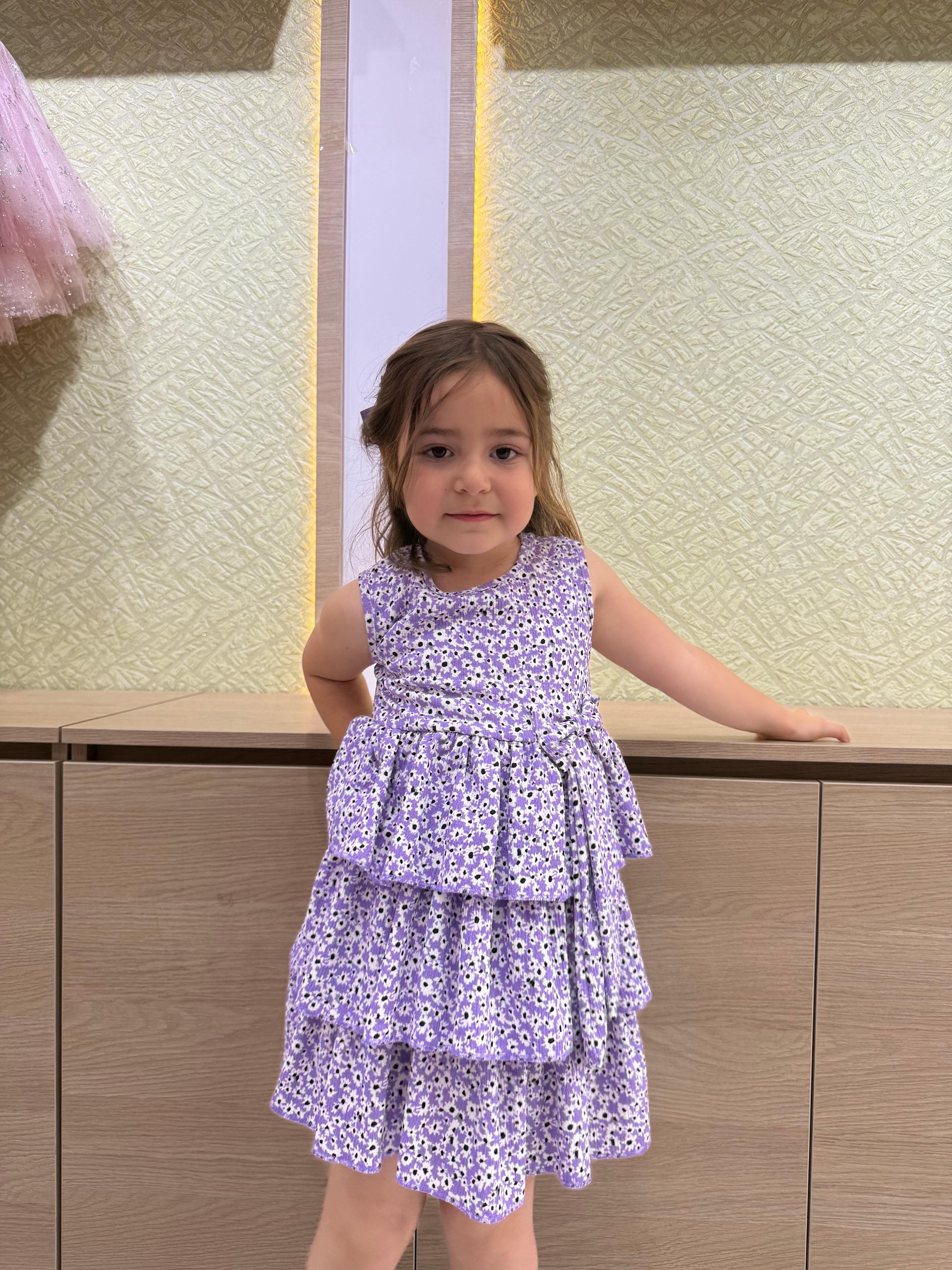 Çiçek Desenli Fırfırlı Kız Çocuk Elbise - lila
