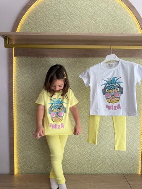 Simli Ananas Baskılı Sarı Kız Takım - beyaz