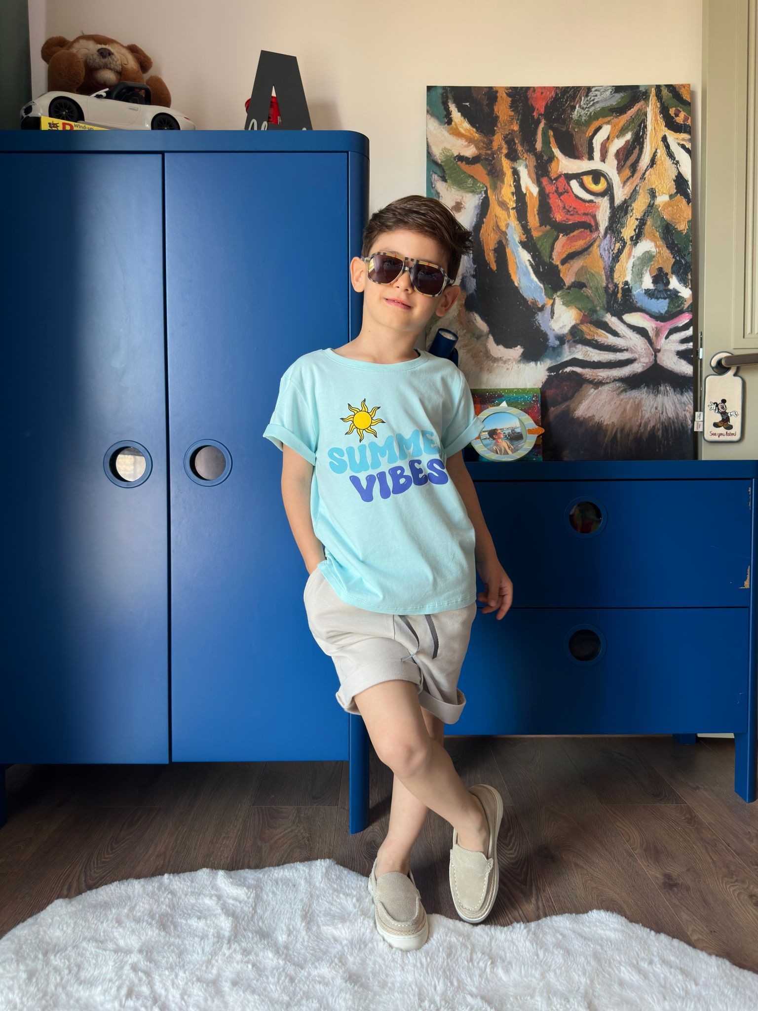 Summer Vibes Baskılı Mavi Şortlu Erkek Takım