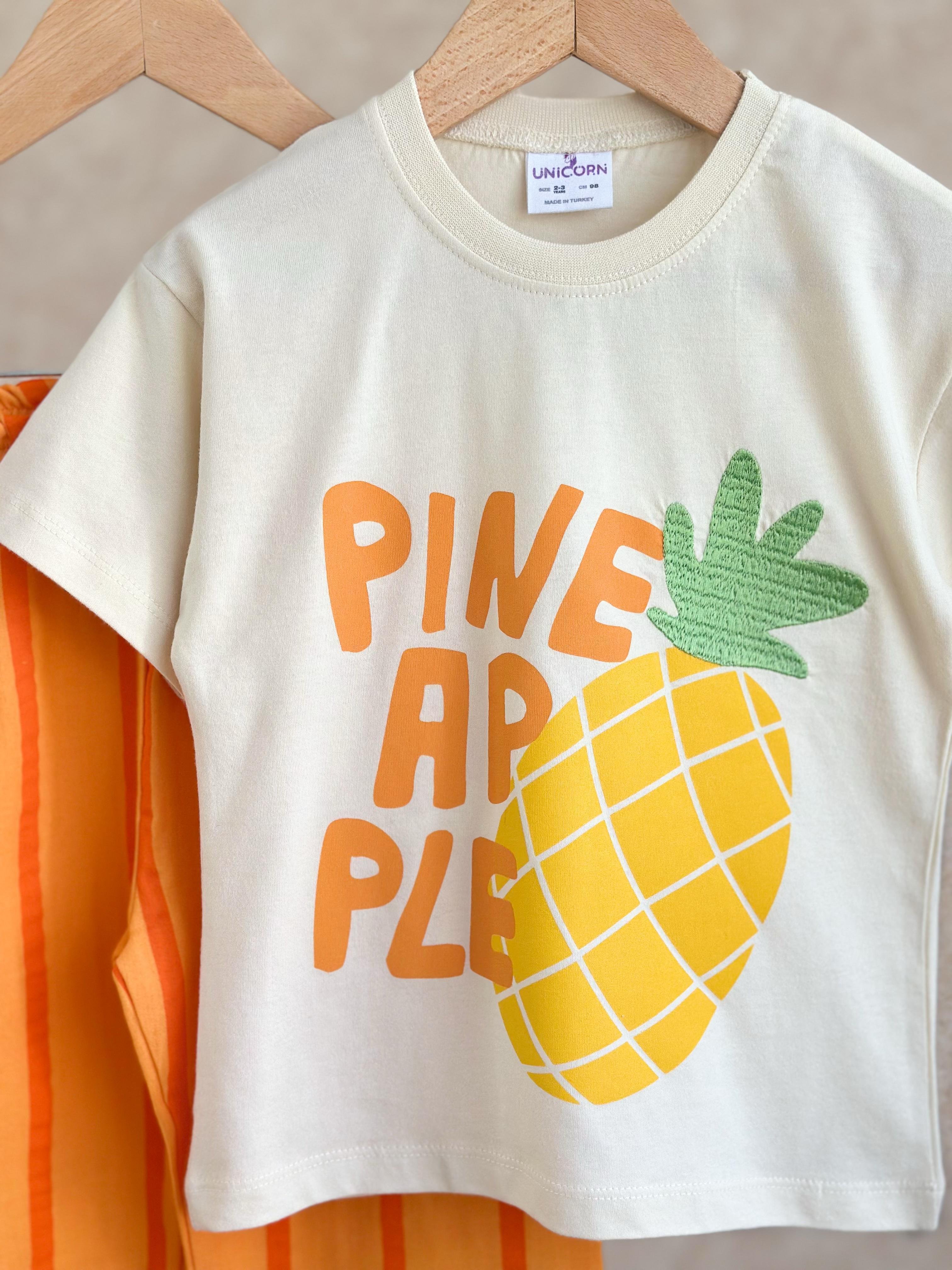 Turuncu Ananas Baskılı Pantolonlu Kız Çocuk Müslin Takım