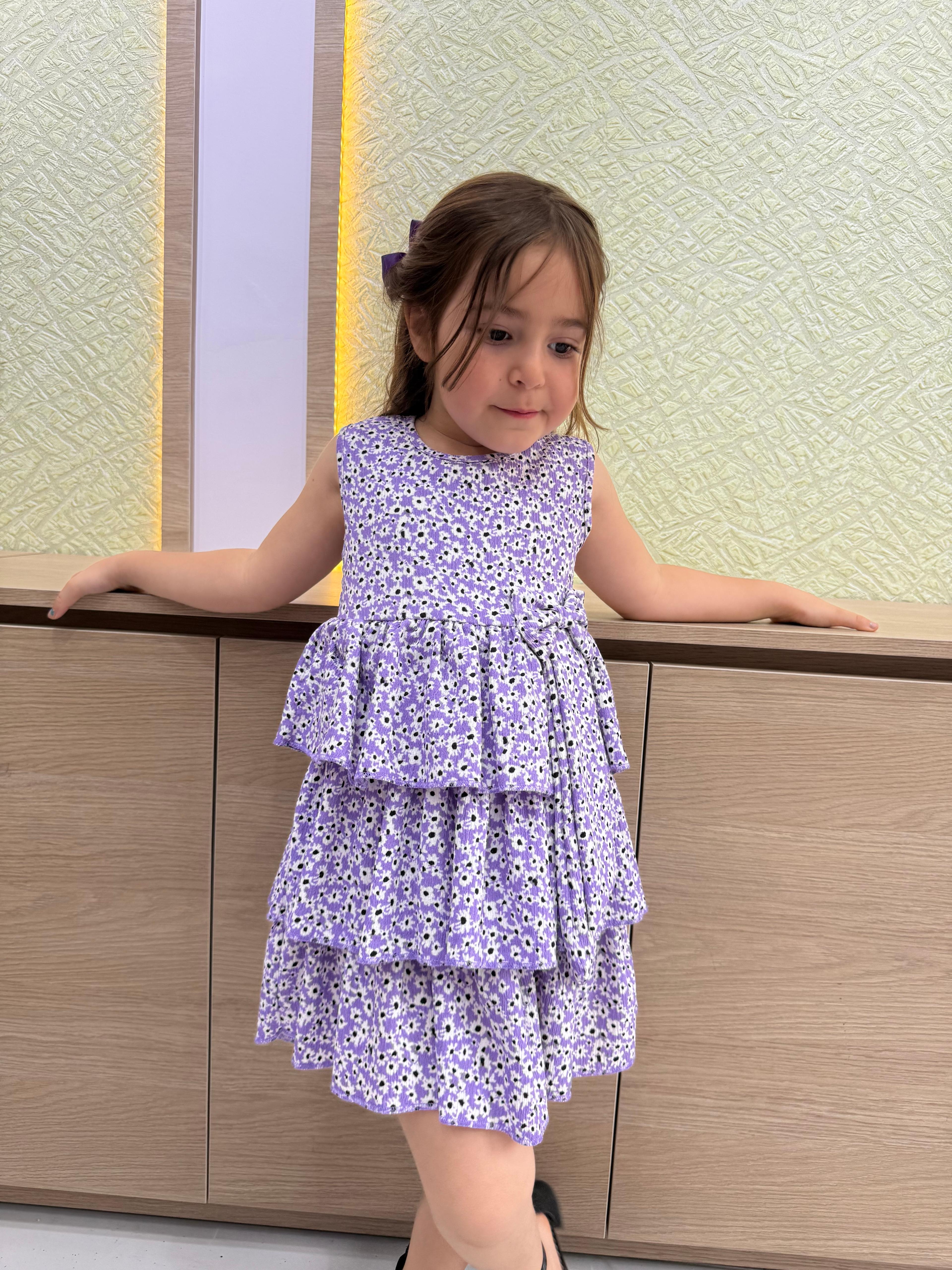 Çiçek Desenli Fırfırlı Kız Çocuk Elbise - lila
