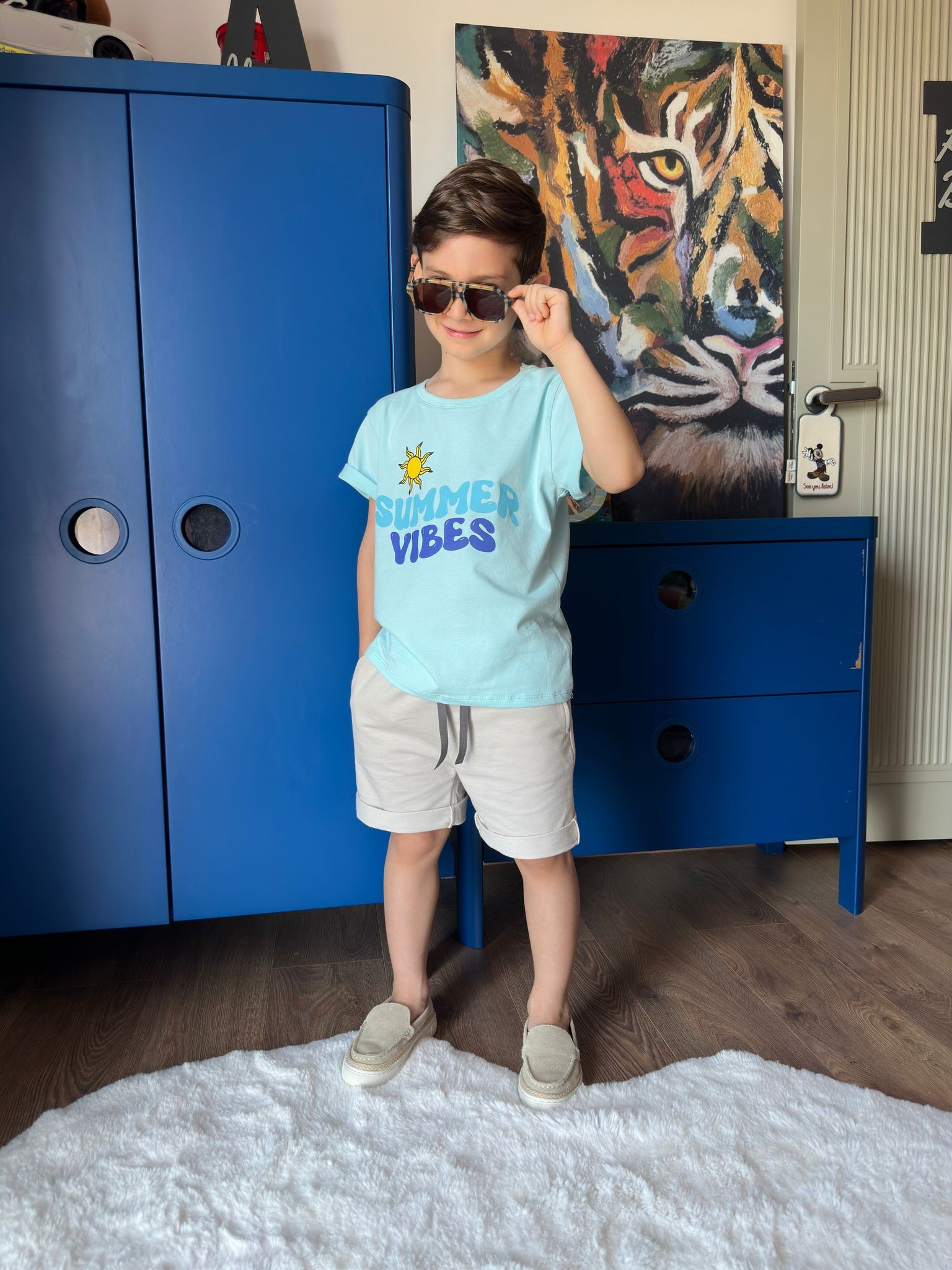 Summer Vibes Baskılı Mavi Şortlu Erkek Takım