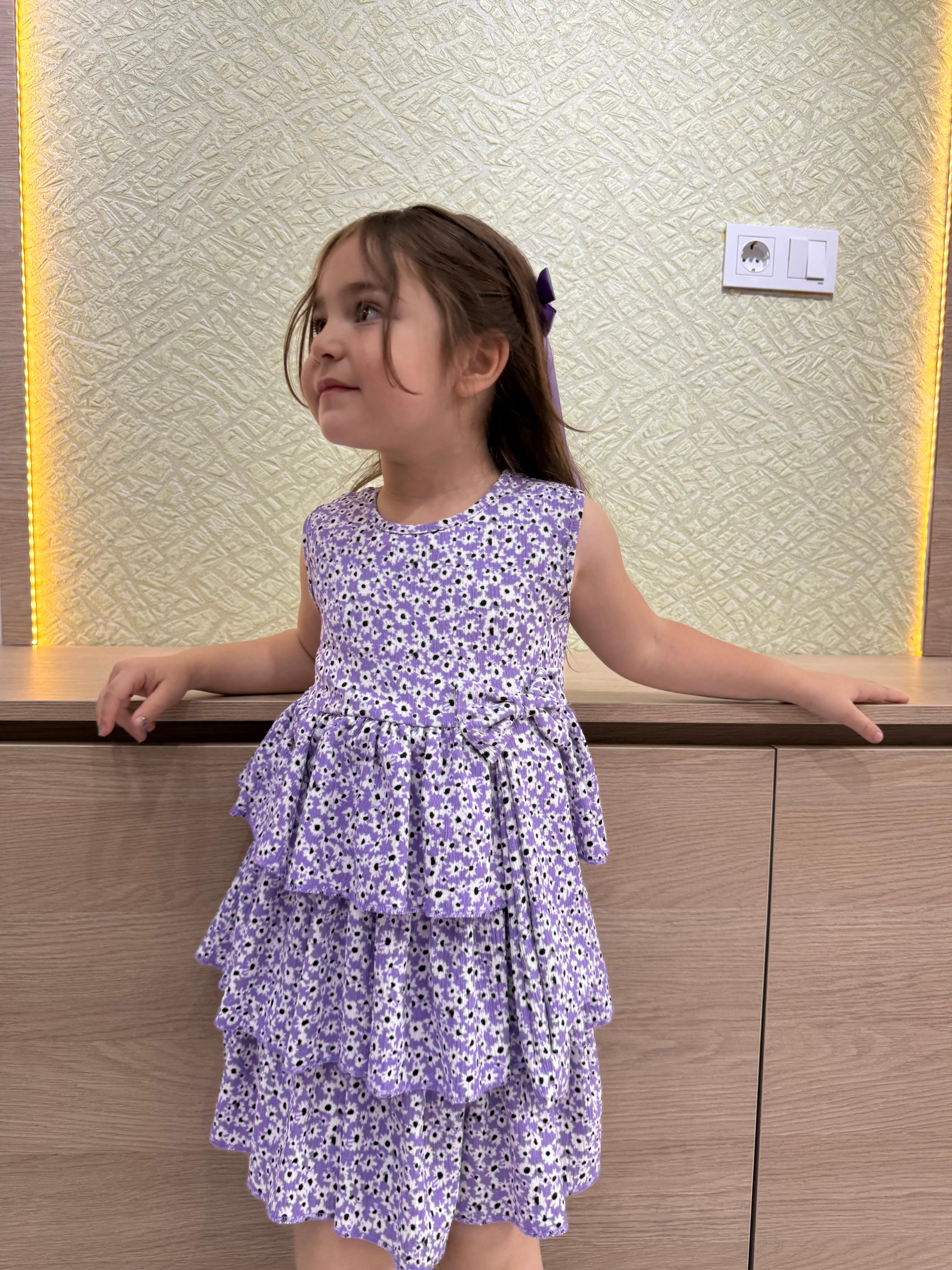 Çiçek Desenli Fırfırlı Kız Çocuk Elbise - lila