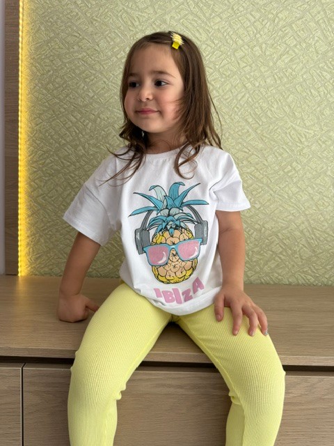 Simli Ananas Baskılı Sarı Kız Takım - beyaz