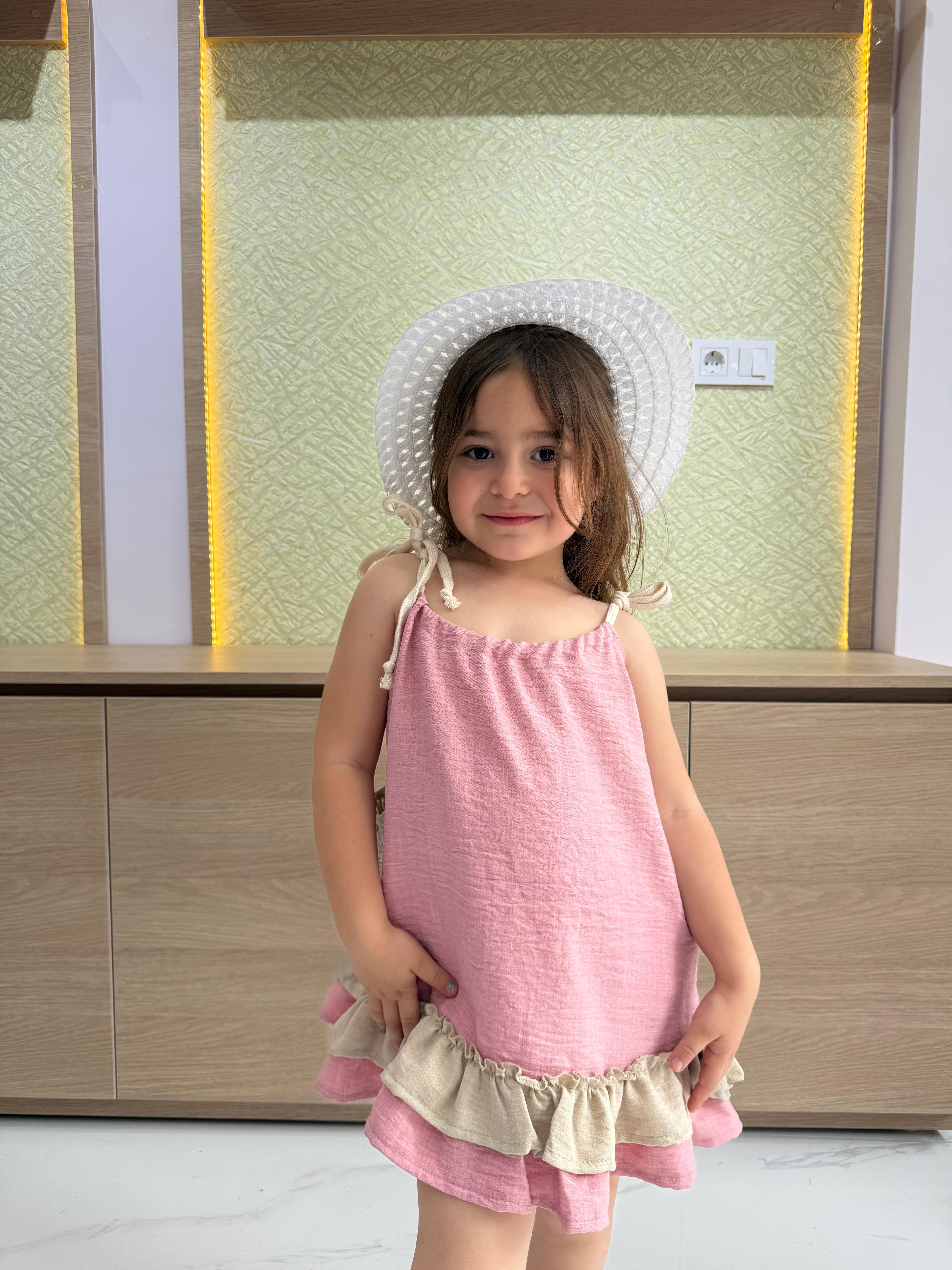 Şapkalı Örme Detaylı Salaş Kız Çocuk Elbise - pembe