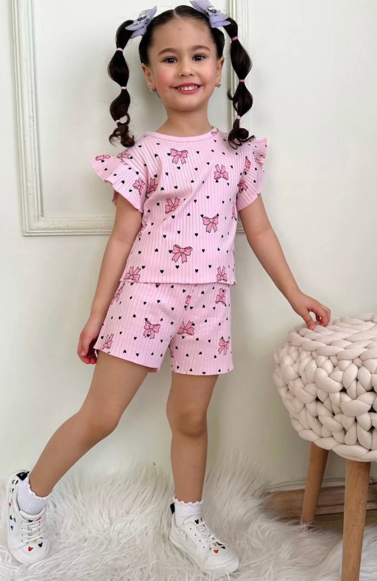 Kurdale Ve Kalp Desenli Şortlu Kız Takım - pembe