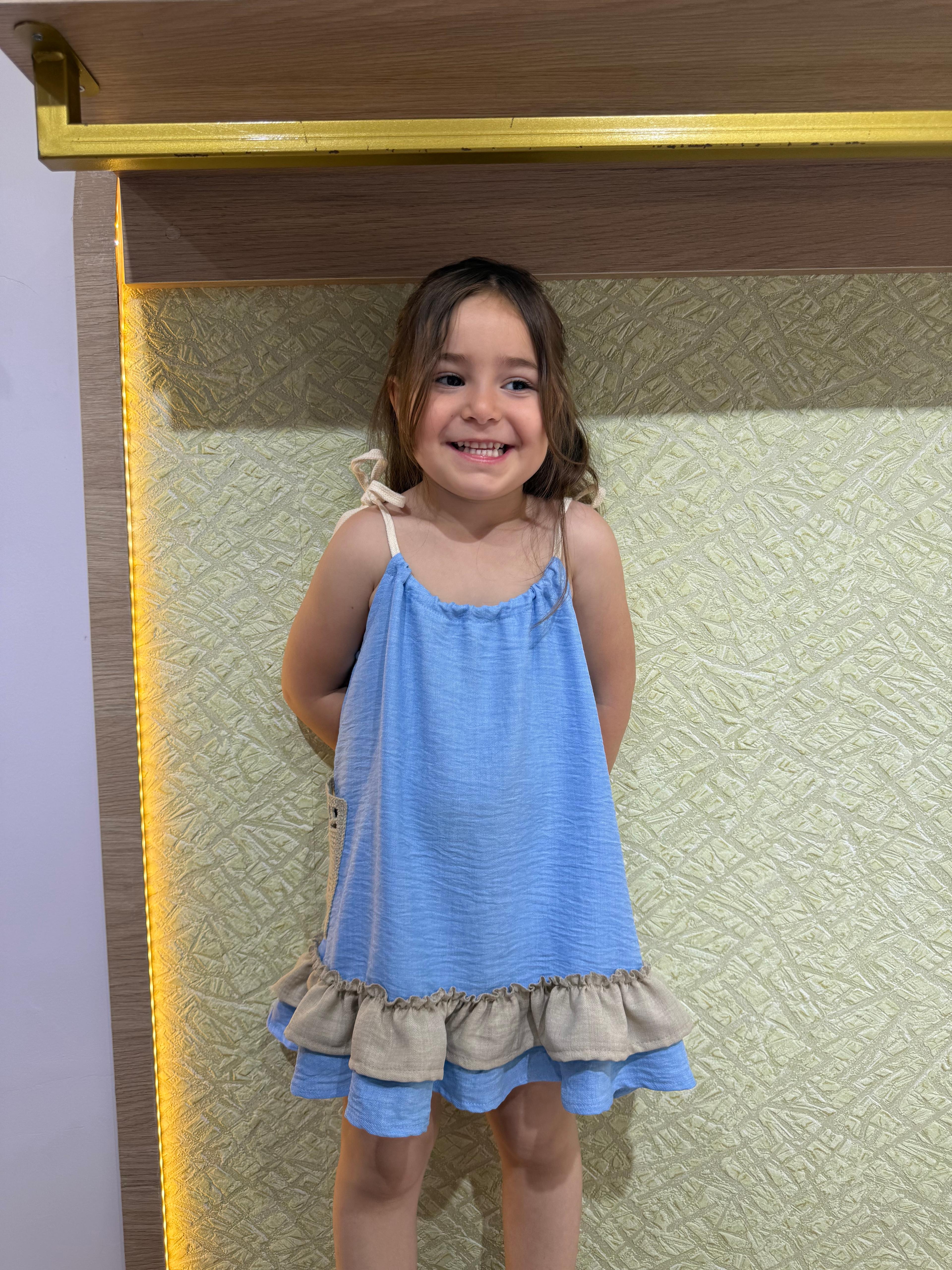 Şapkalı Örme Detaylı Salaş Kız Çocuk Elbise - açık mavi